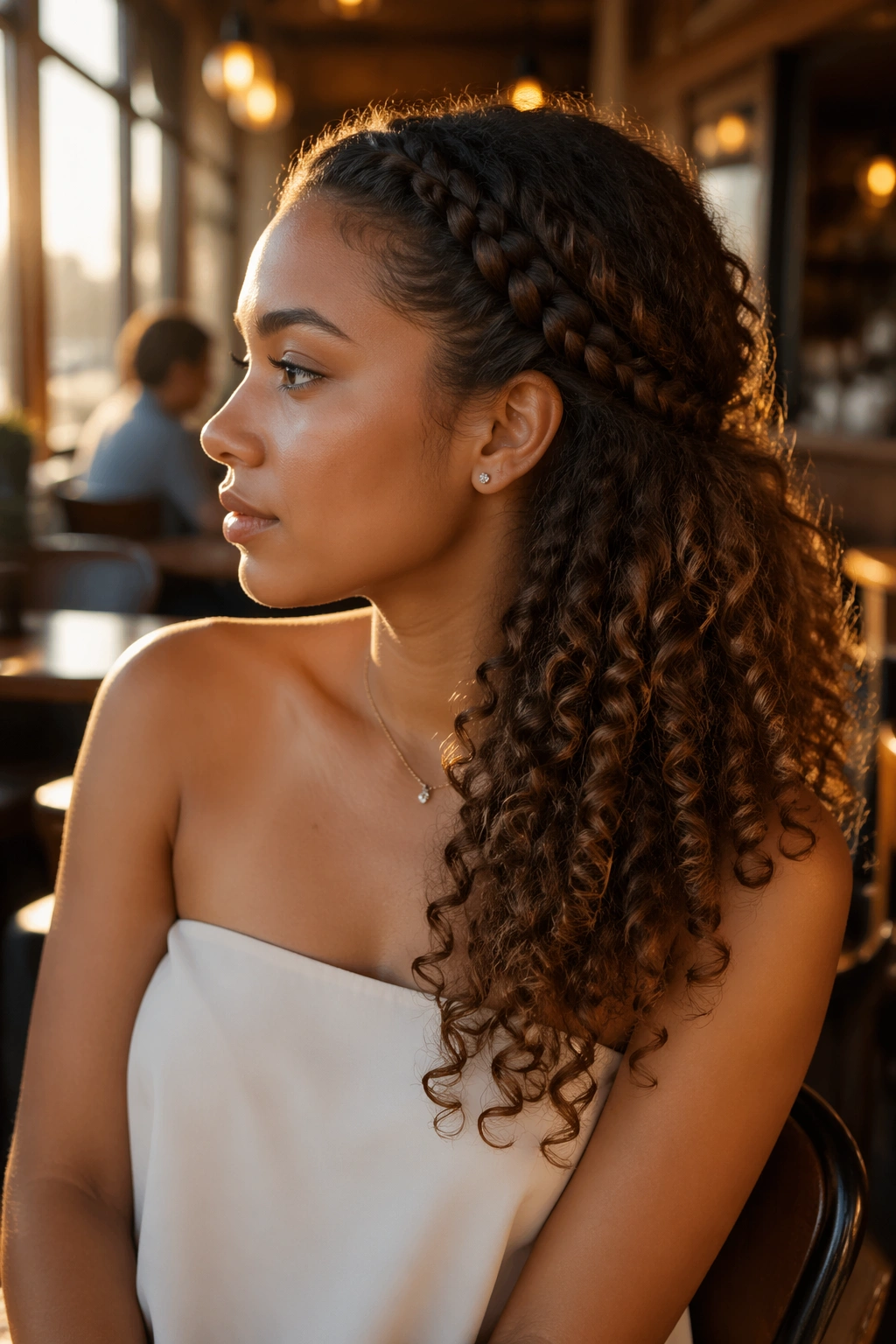 Side-profile of braided side sweep over one shoulder.