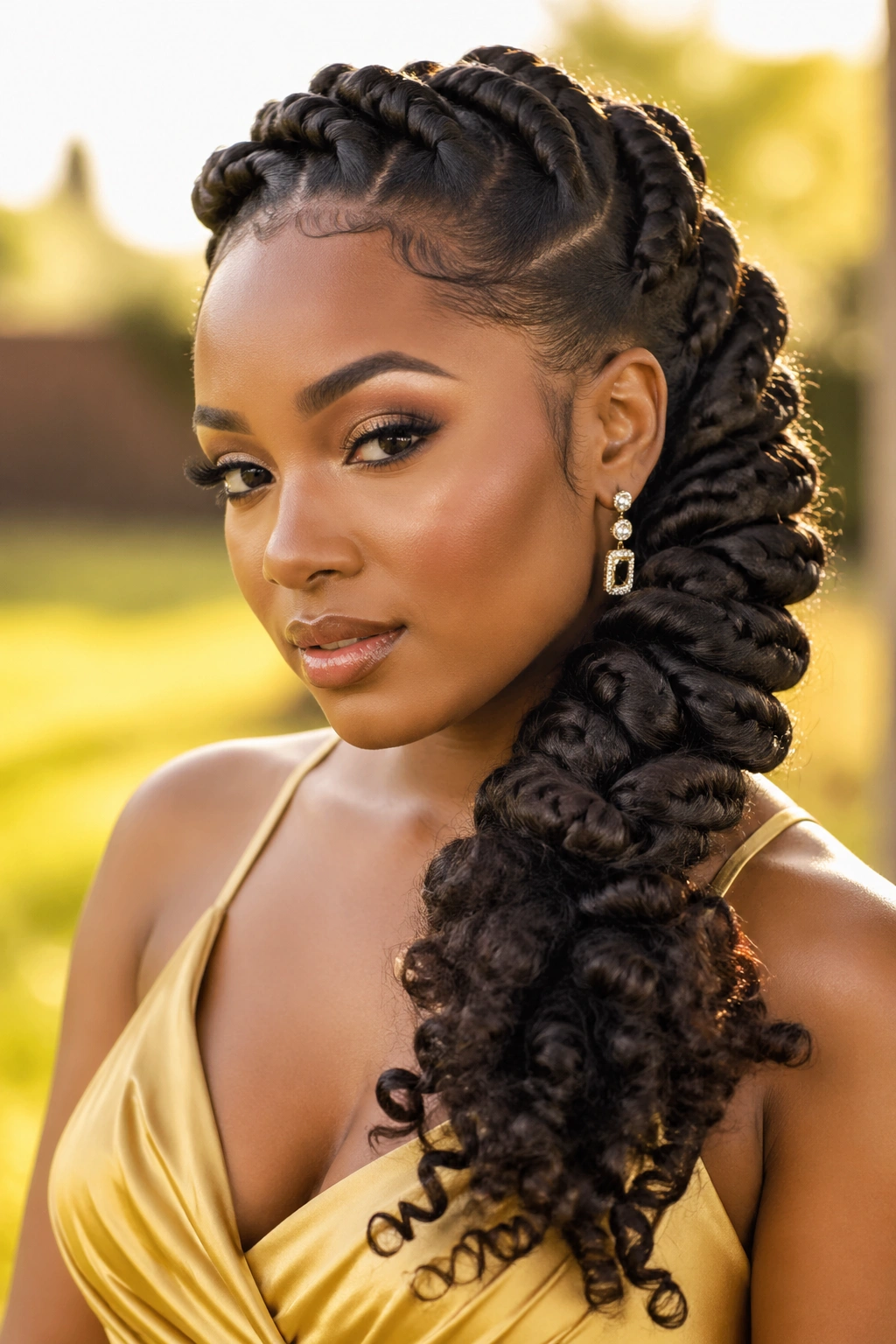 Close-up of a real woman with a side-swept braided updo and braid along the shoulder