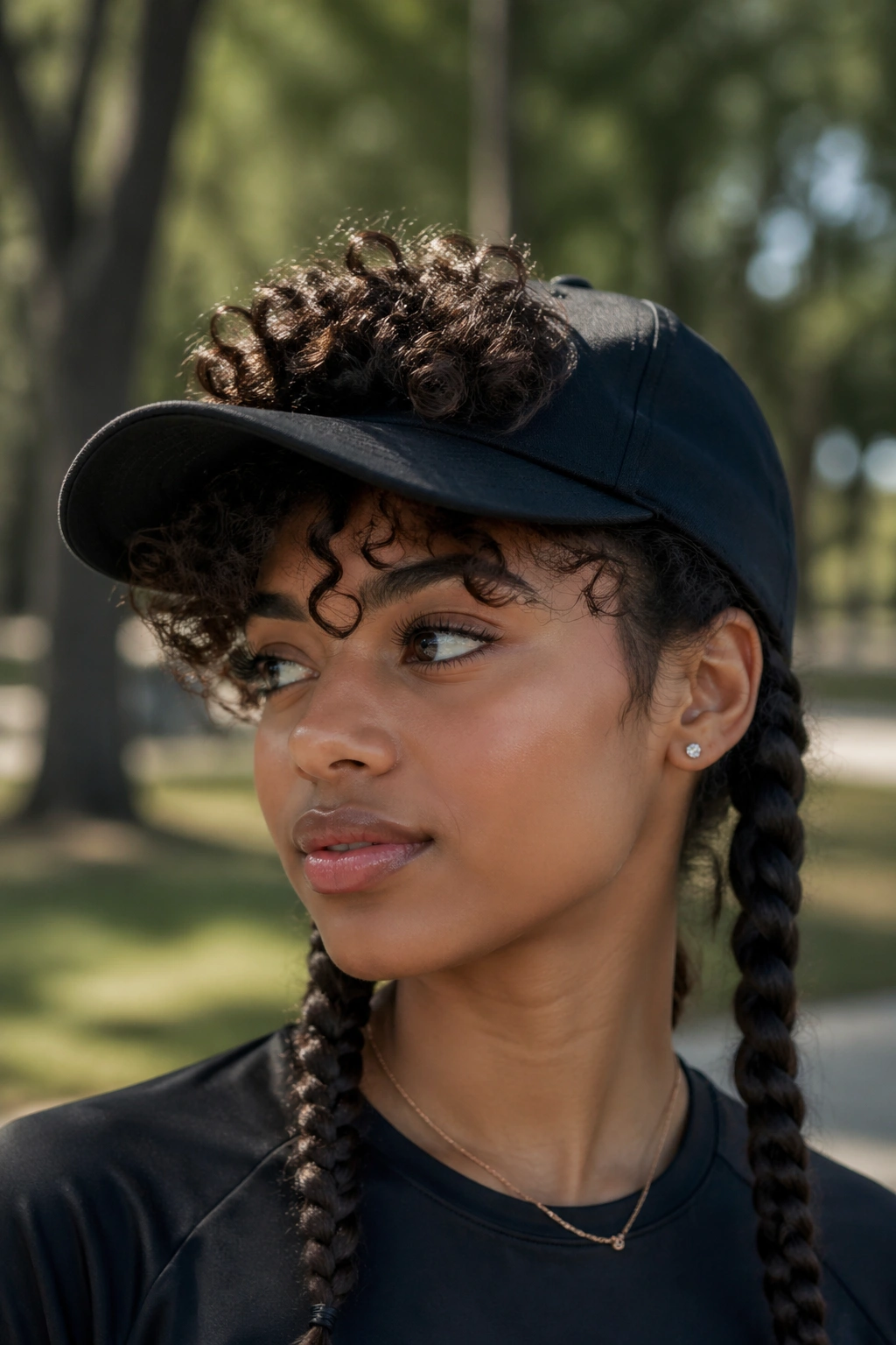 Close-up portrait of a real person with braided sides under a cap
