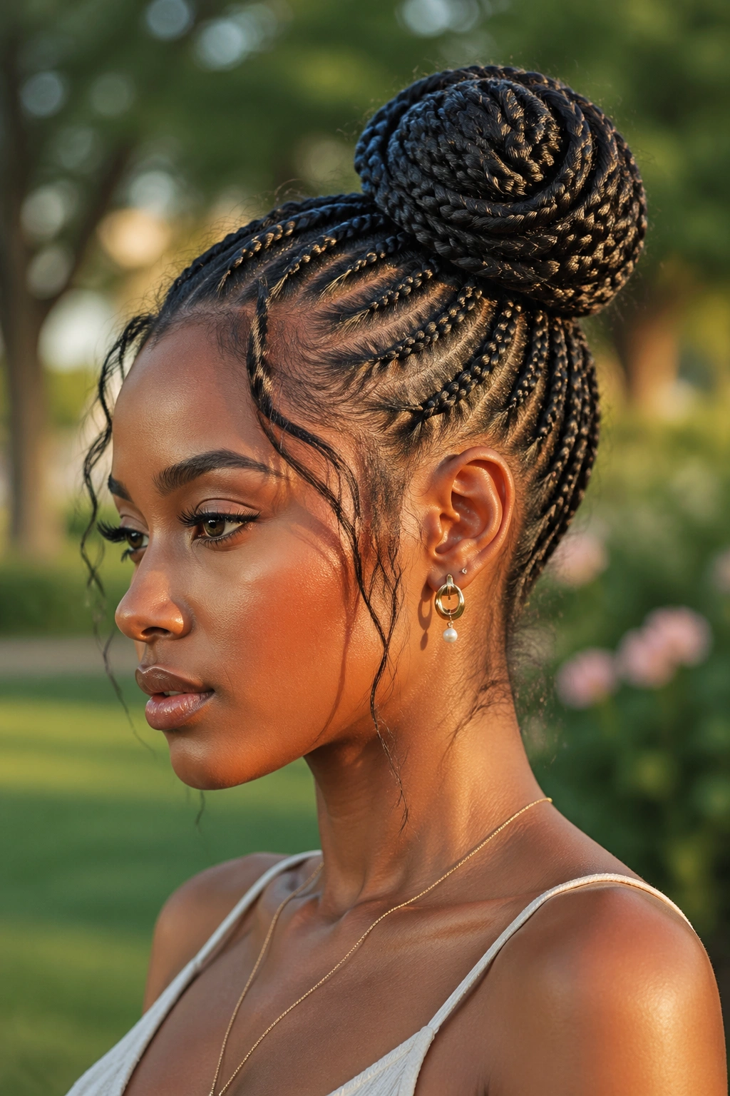 Woman with a spiral braided bun featuring visible braid pattern