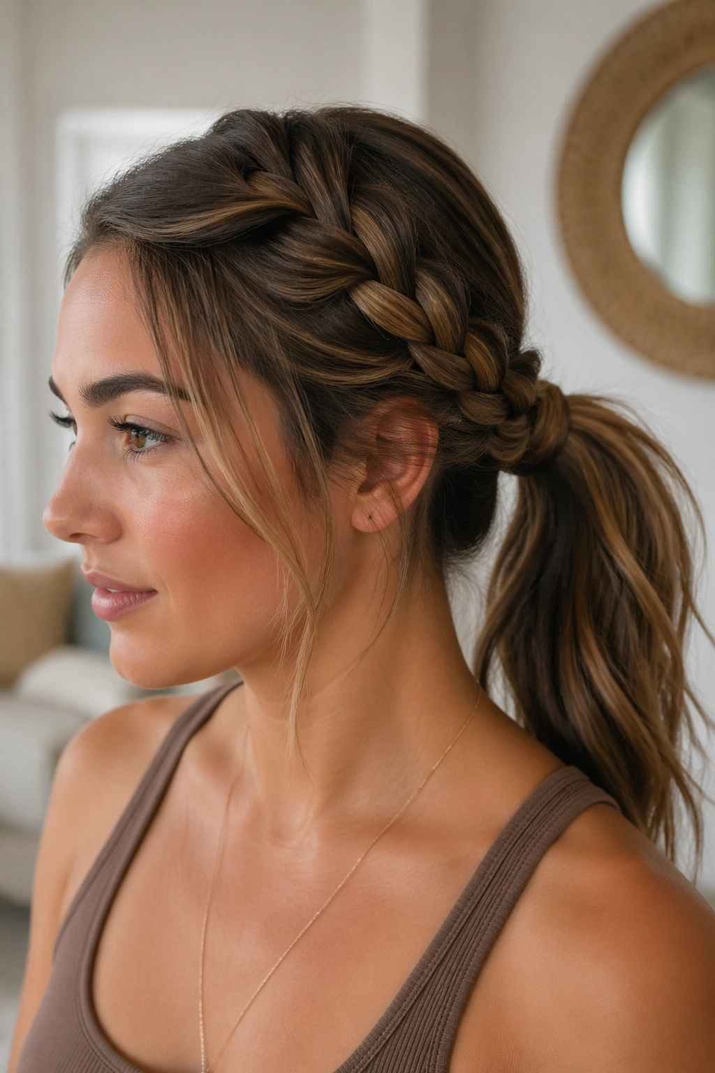 Close-up portrait of a real woman with braided swoop feeding into a ponytail