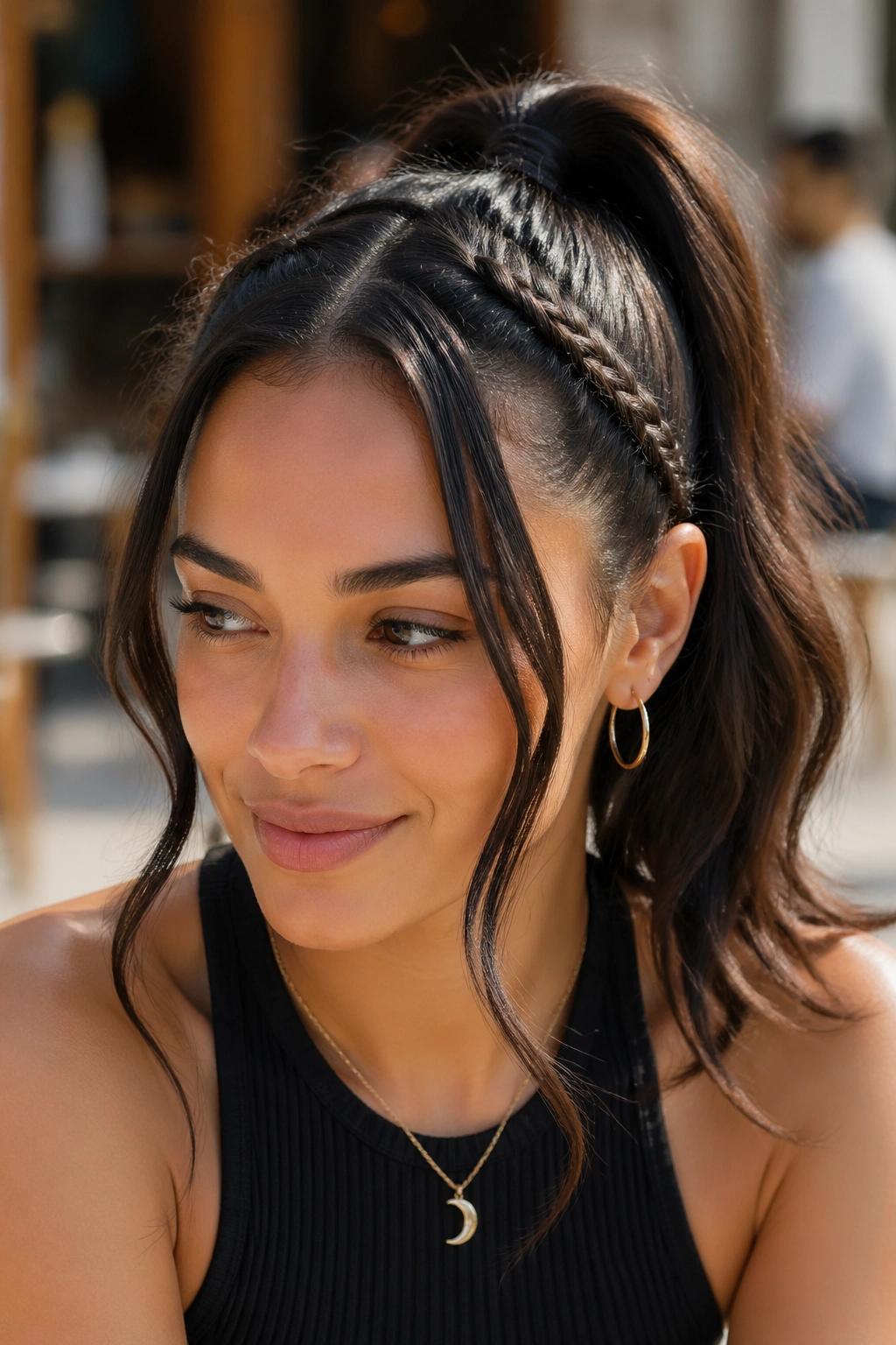 Real woman with braided temple braids feeding into a double swoop ponytail