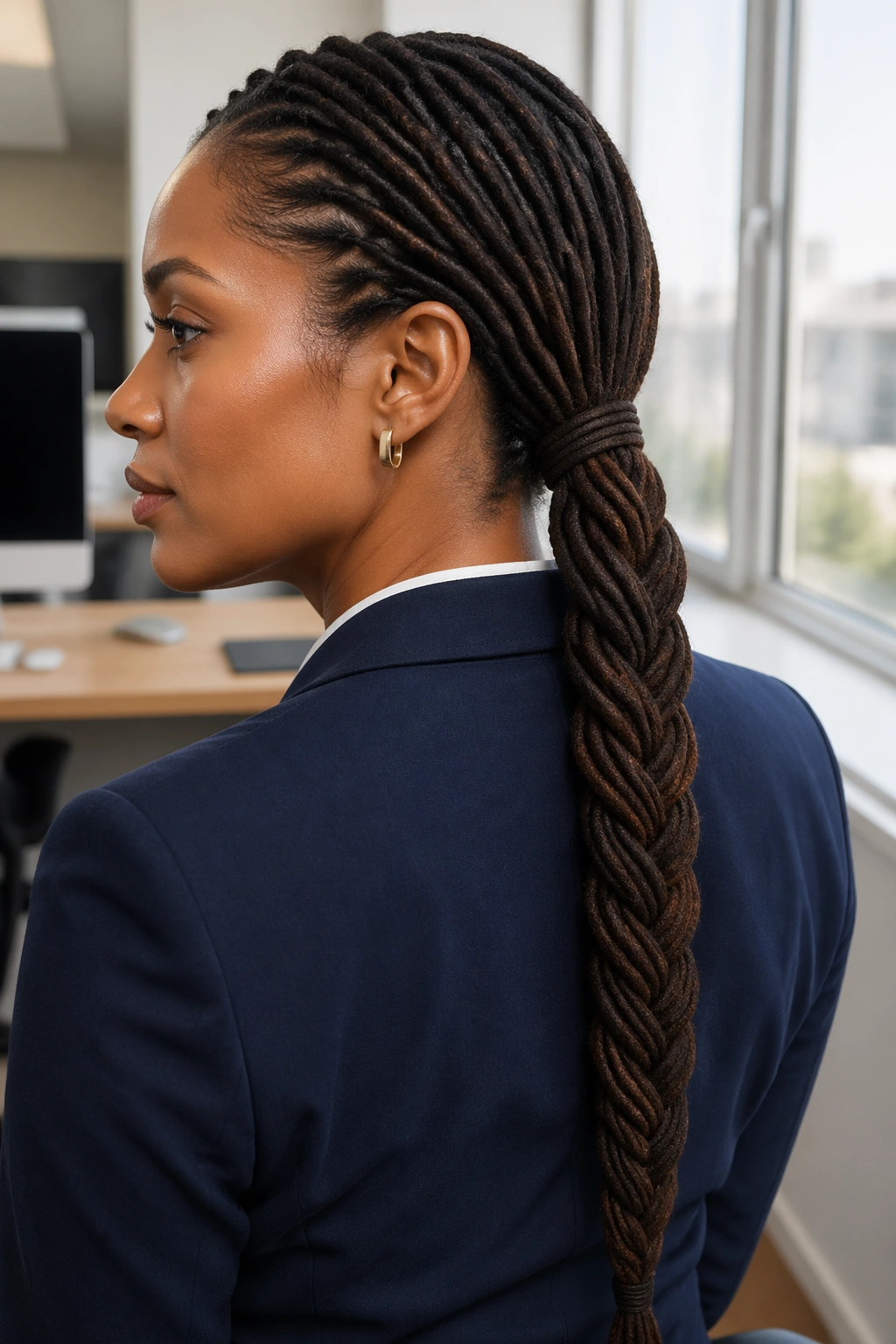 Portrait of a real person with a braided tail low ponytail for locs.