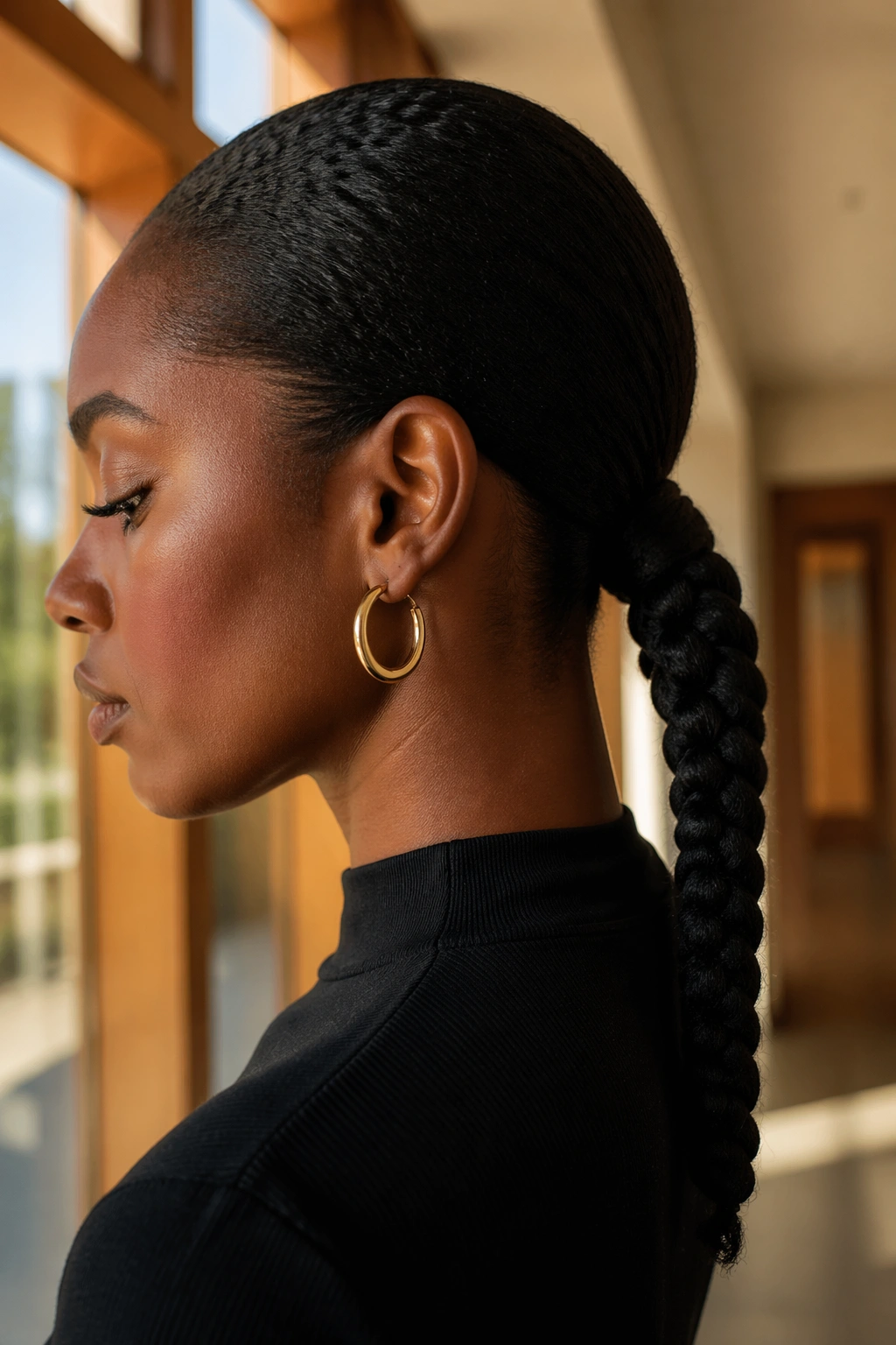Close-up of a real woman with a thick braided tail forming a low ponytail
