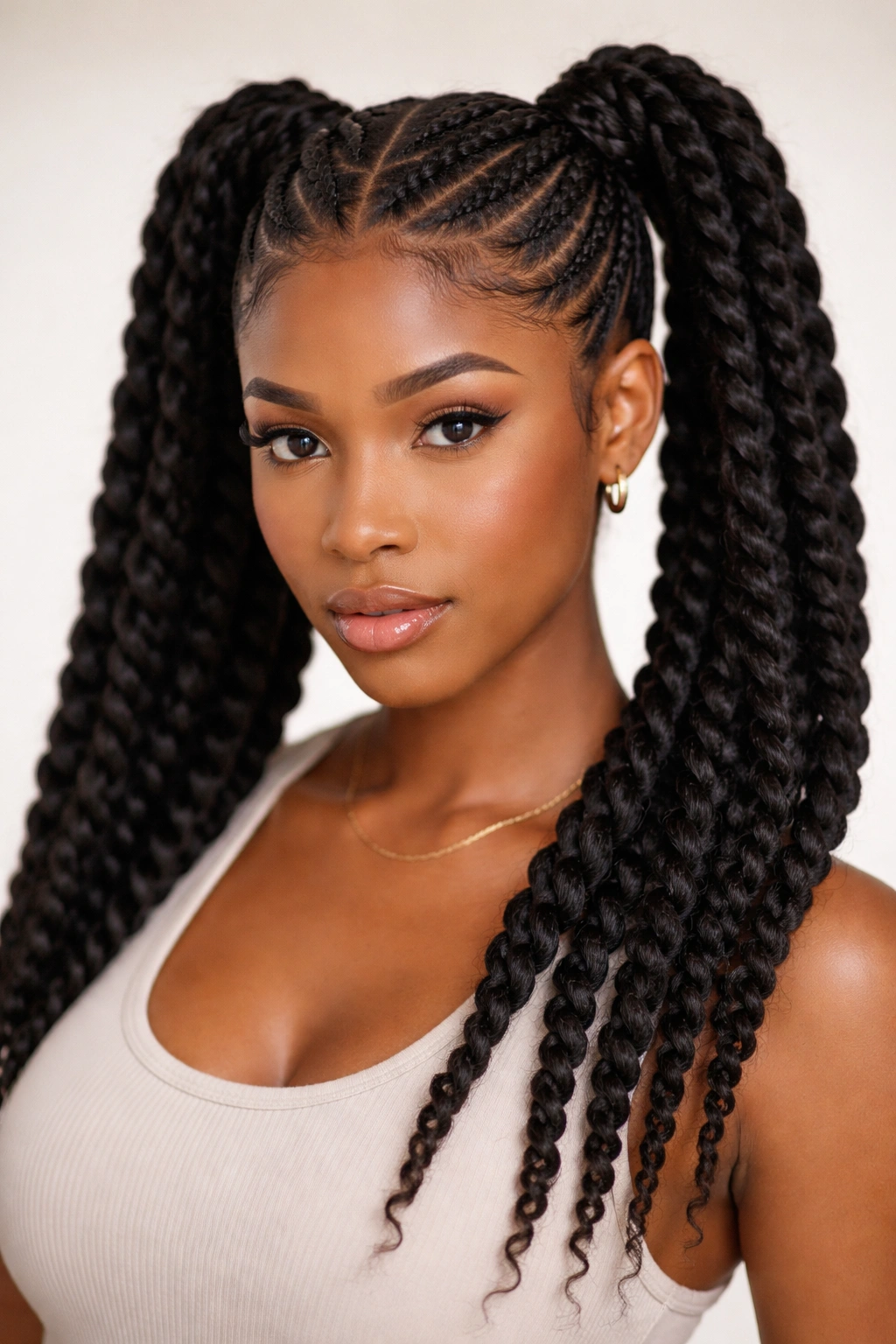 Braided-then-twisted double ponytails with base braids