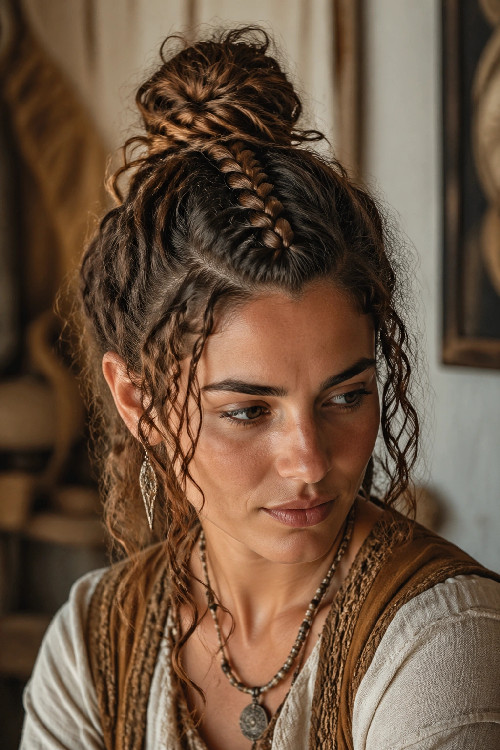 Close-up of a real person with a braided top knot hairstyle