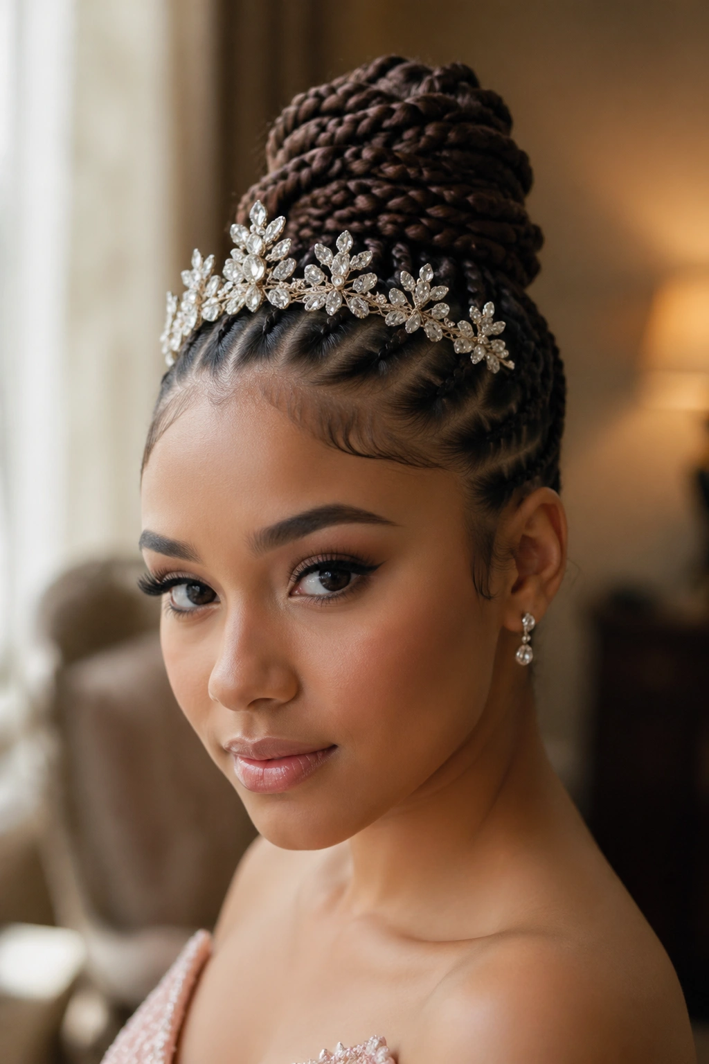 Close-up portrait of real woman with braided top knot and crystal crown in warm window light