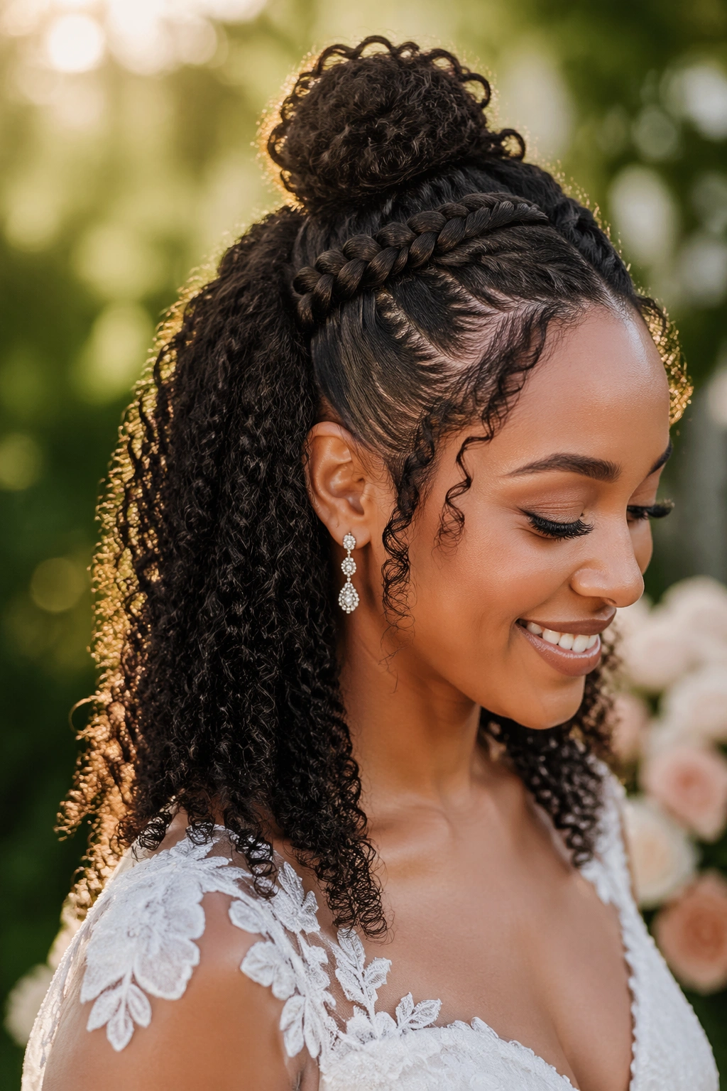 Close-up portrait of a real bride with tight curls, crown braid leading into a half-up top knot