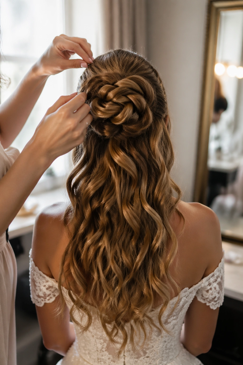 Hands adjusting braided top knot in bridal hair