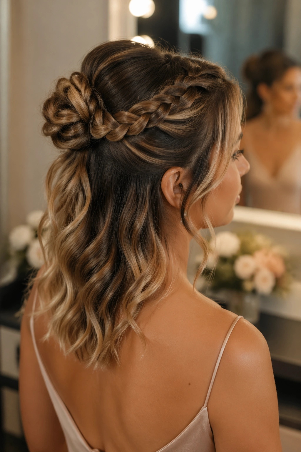 Close-up of braided top knot half-up on a real woman with soft waves.