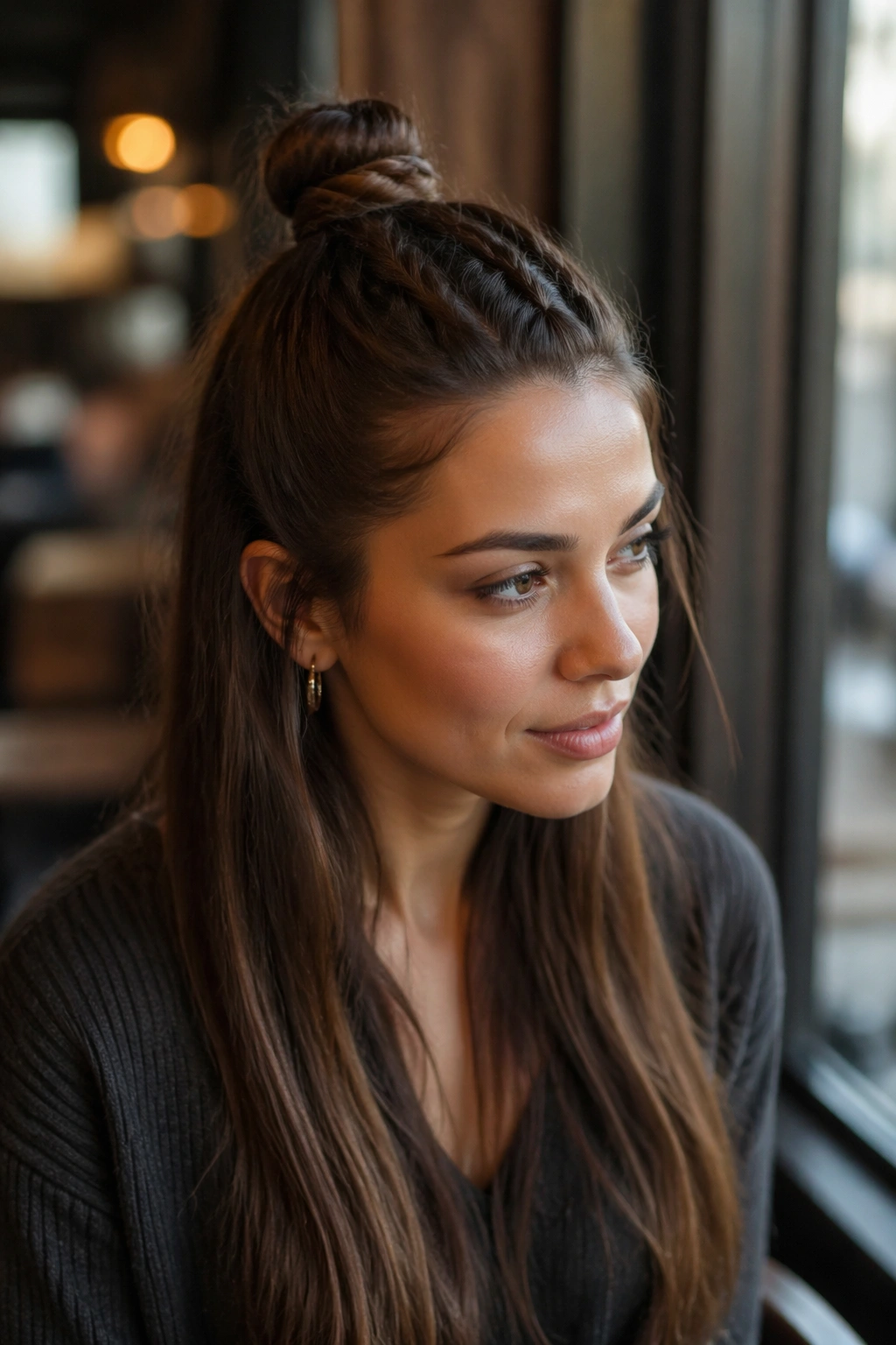 Close-up of a real woman with braided top knot half-up at cafe window