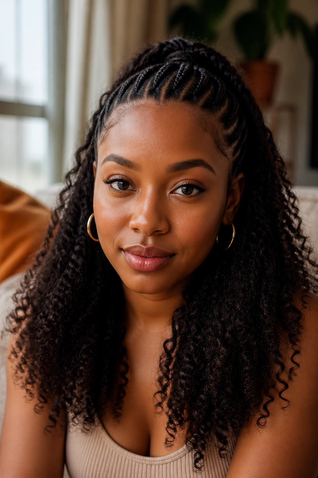 Medium close-up of woman with braided top and loose curls in window light