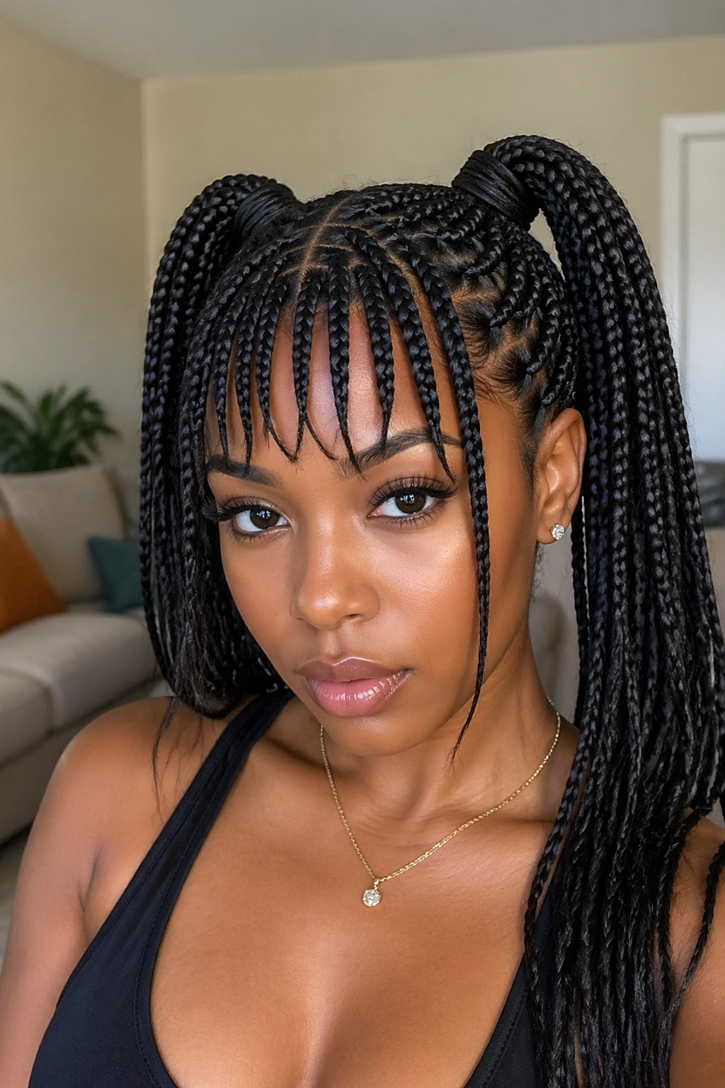 Close-up portrait of a woman with braided twin ponytails and braided bangs