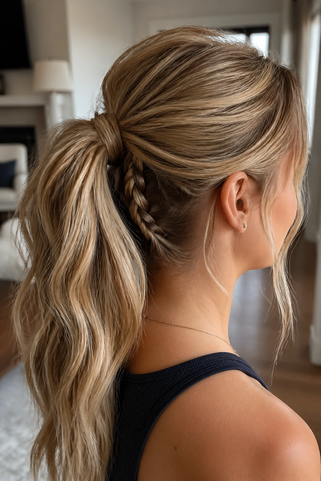 Hidden underlayer braid peeking through a ponytail on a real woman