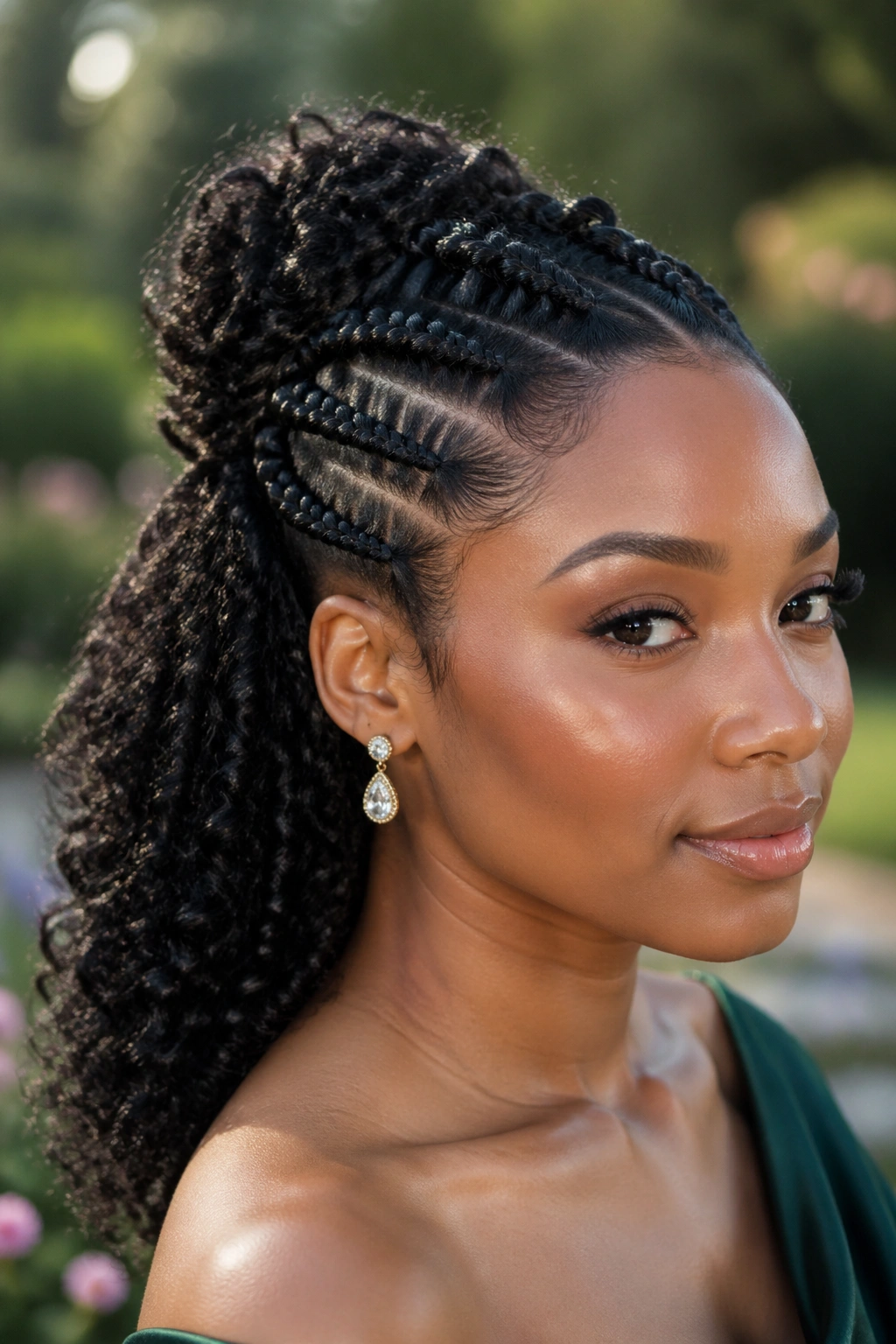 Close-up of a woman with braided front and crown-like updo, curls at back in natural daylight