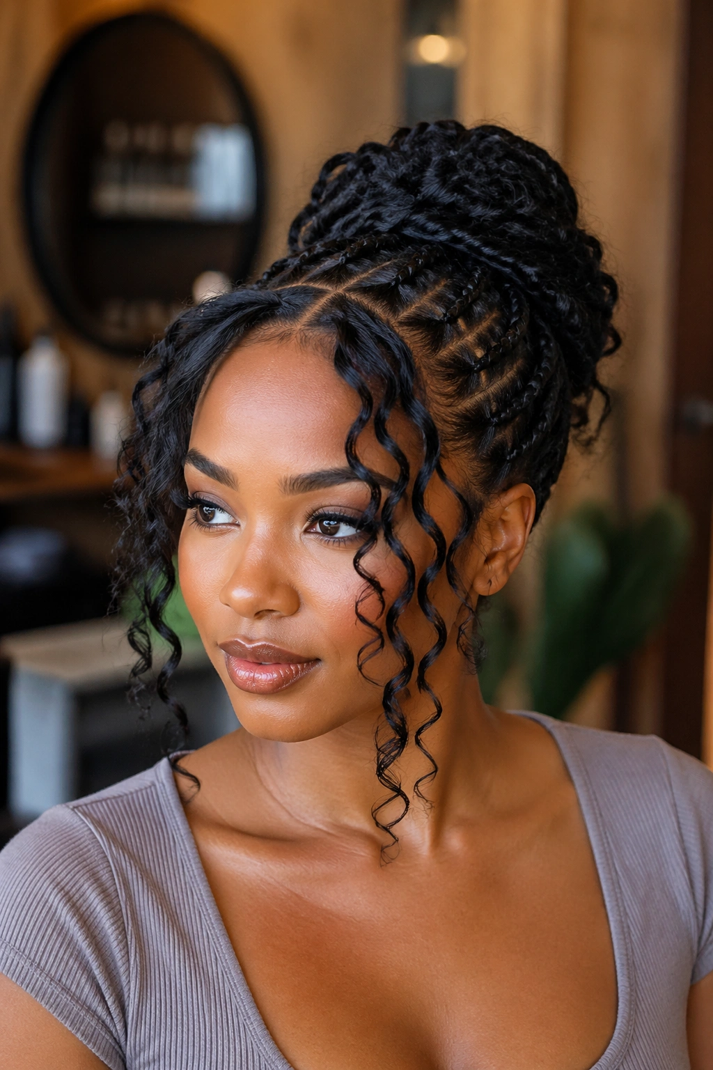 Portrait of a woman with braided updo and curly front framing the face