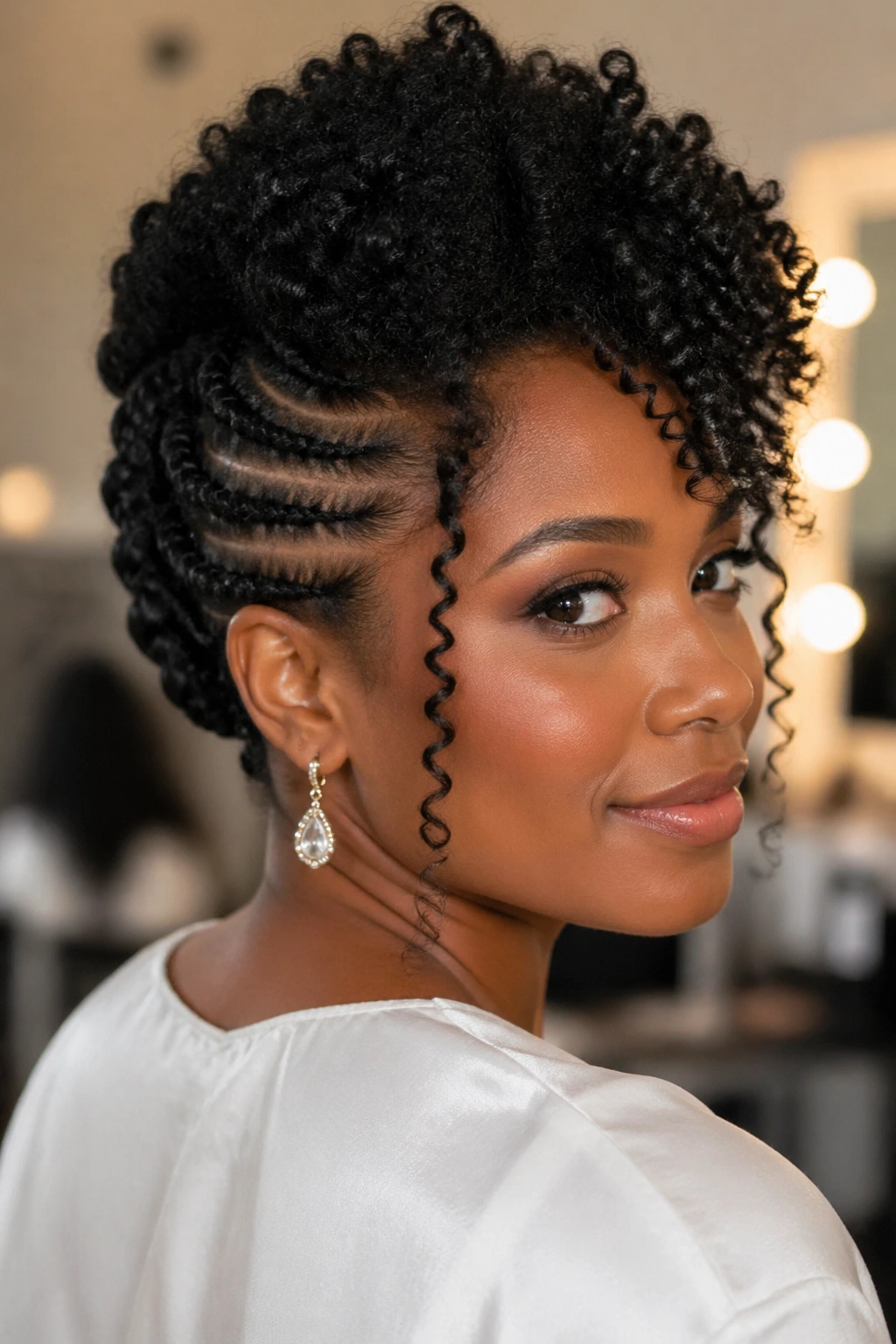 Close-up of a real woman with a braided back and natural curly top.
