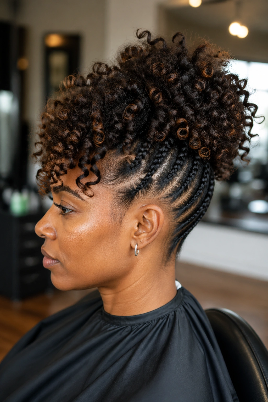 Real woman with cornrows and a loose curly top hairstyle