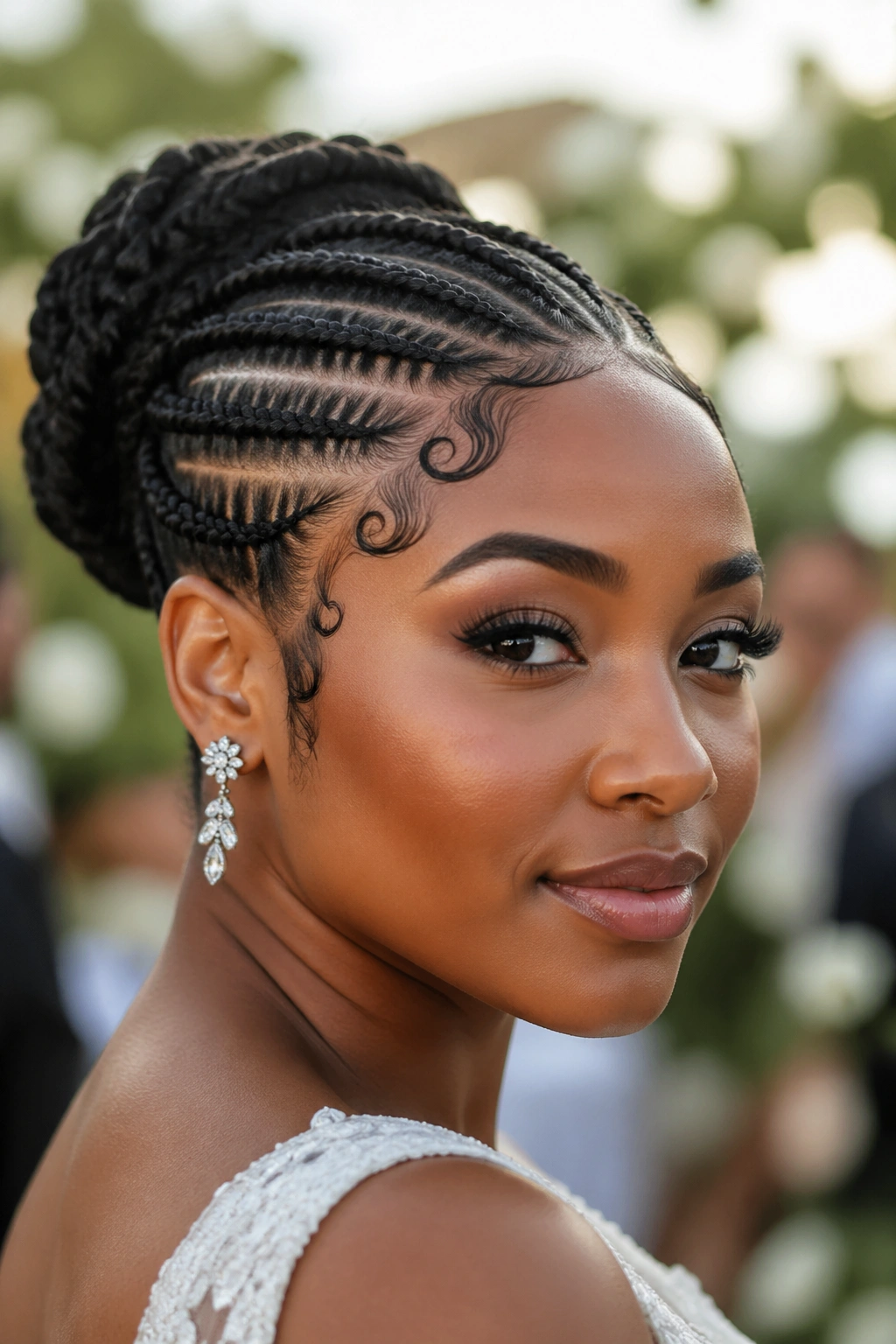 Real bride with braided updo and defined curly edges in soft outdoor light