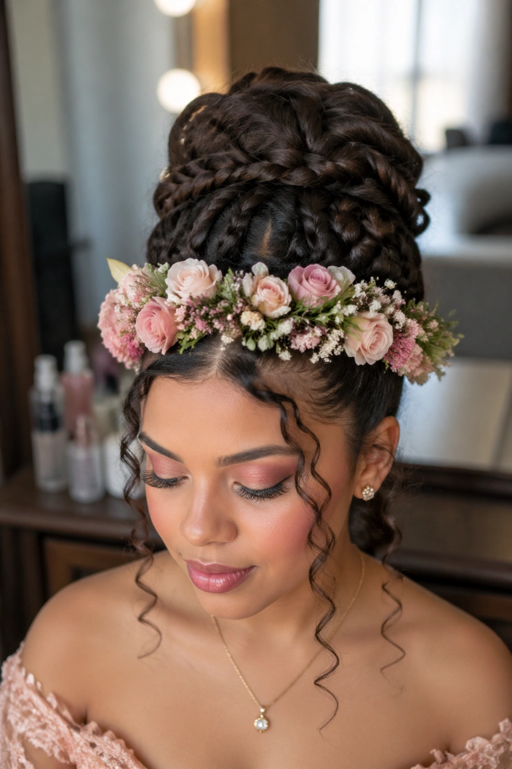 Close-up of a woman wearing a braided updo with a front floral crown