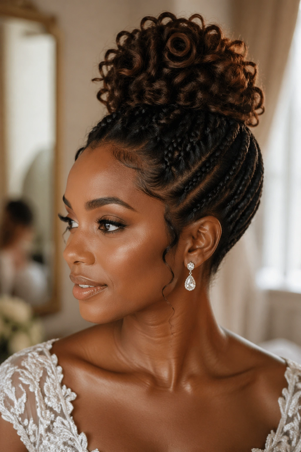 Close-up of Braided Updo With a Loose Curl on a real bride.