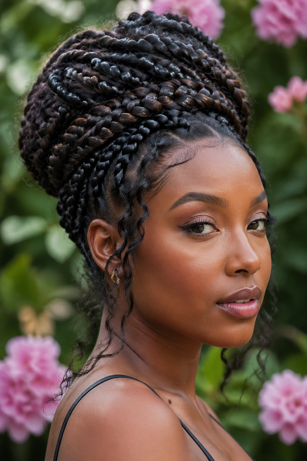 Portrait of a woman with an elaborate braided updo.