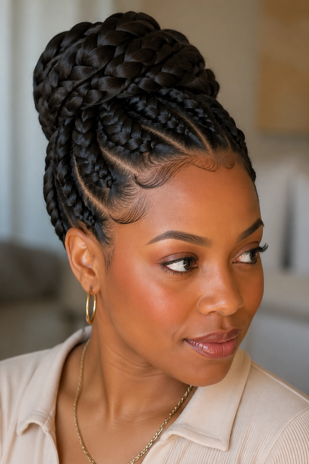 Close-up of a woman with a braided updo wrapped into a bun