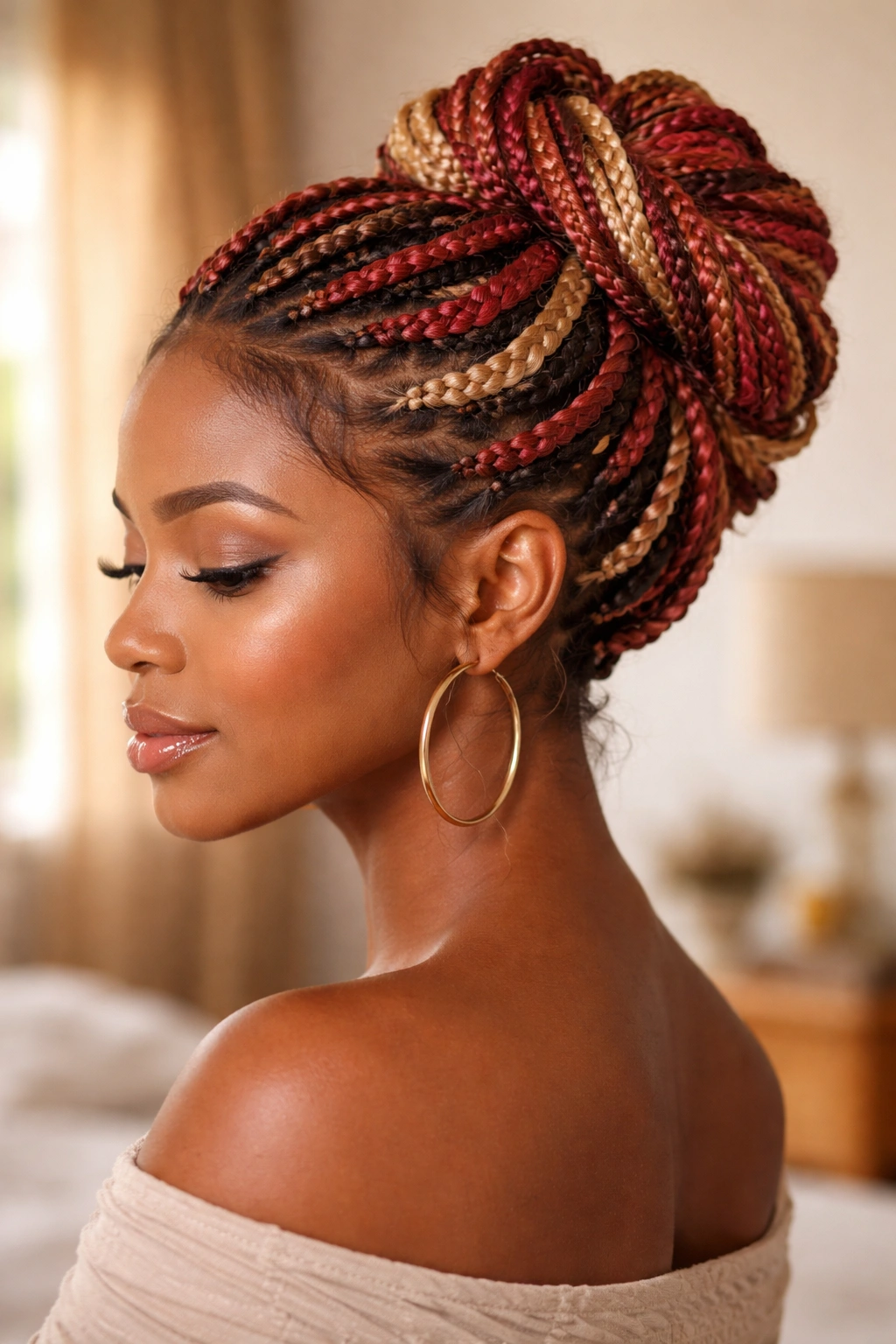 Close-up of a real woman with a red and blonde braided updo