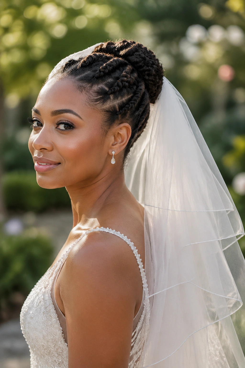 Bride with braided updo and flowing two-tier veil in a garden