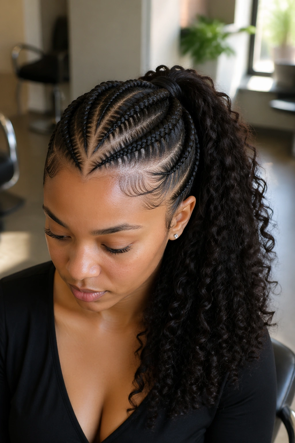 Real woman with feed-in braided V-part ponytail showing smooth braid to ponytail
