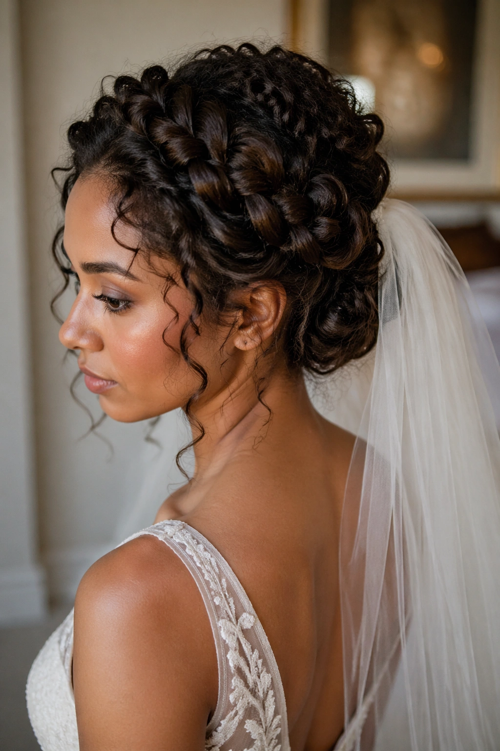 Bride with a braided veil-crown updo and veil attachment.