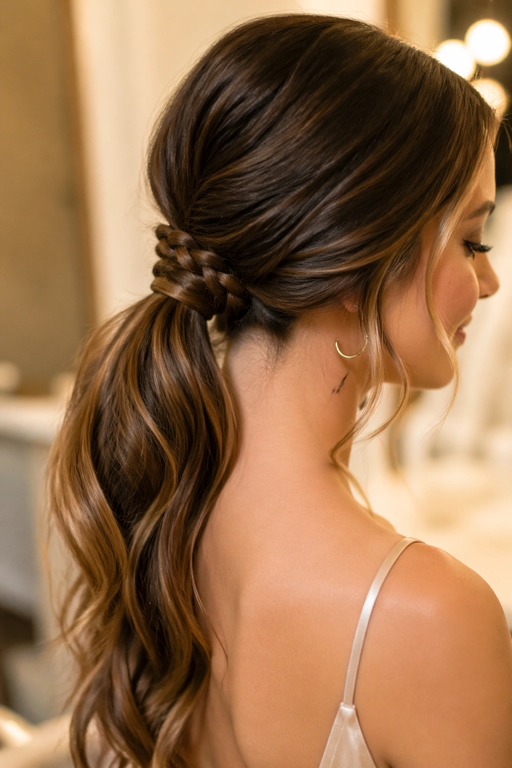 Close-up of a real woman with a braided wrap around a low ponytail in a bridal suite.