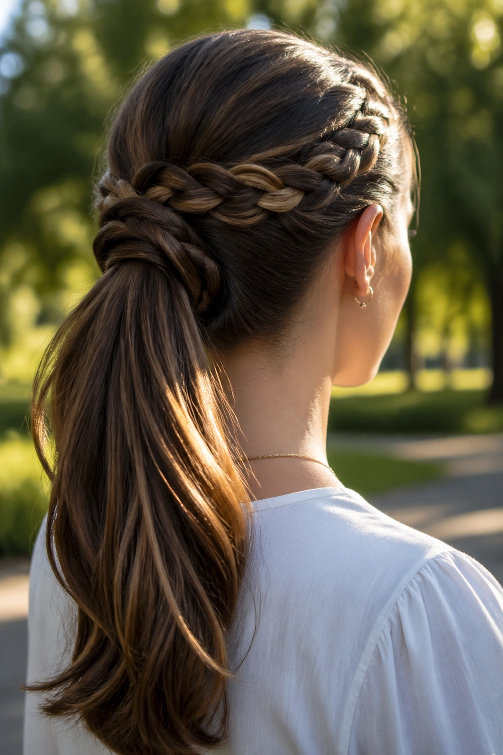 Back-of-head portrait of a real woman with braided wrap-over ponytail showing wrap-around braid into the ponytail.