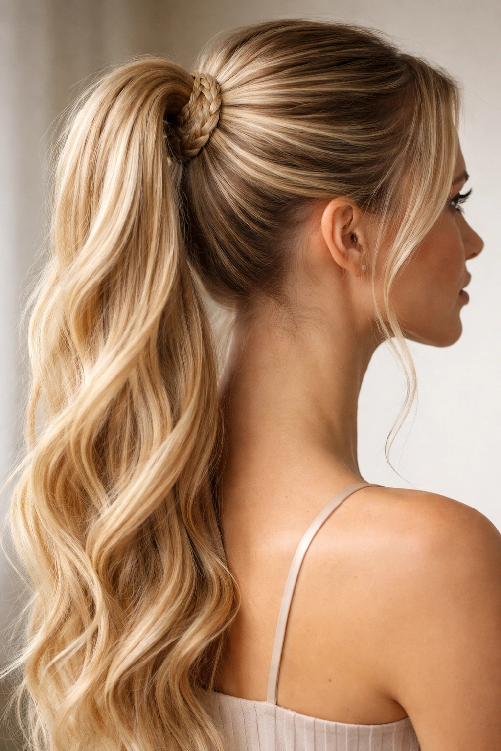 Braided wrap around base of high ponytail on blonde hair