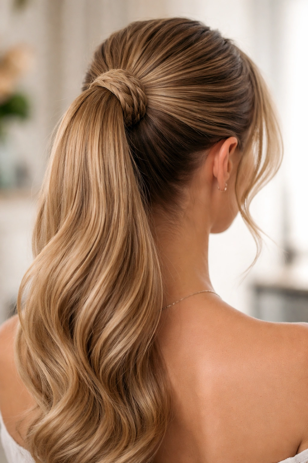 Close-up back-of-head view with a braided wrap around the ponytail base.