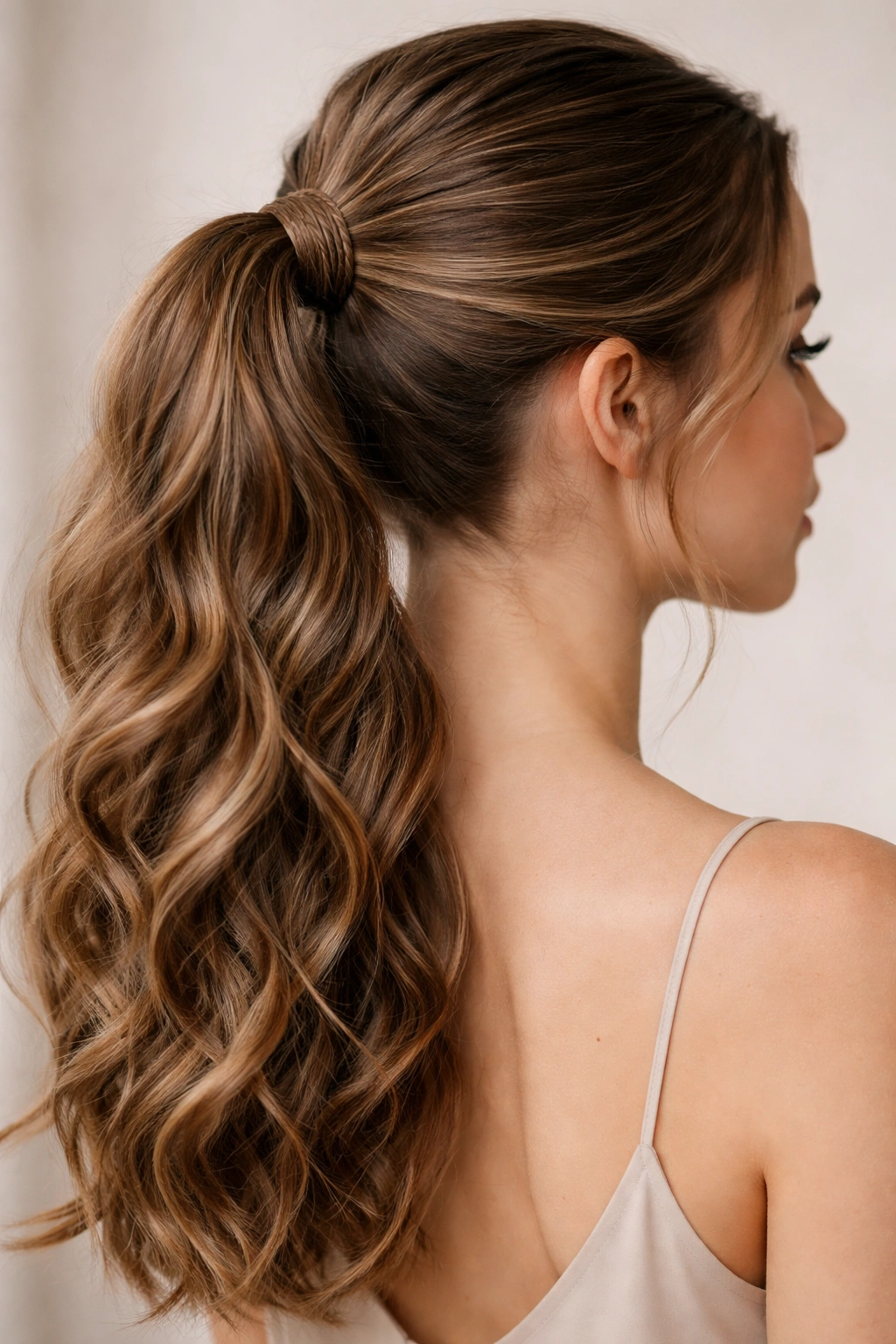 Ponytail with braided wrap around the base concealing the elastic