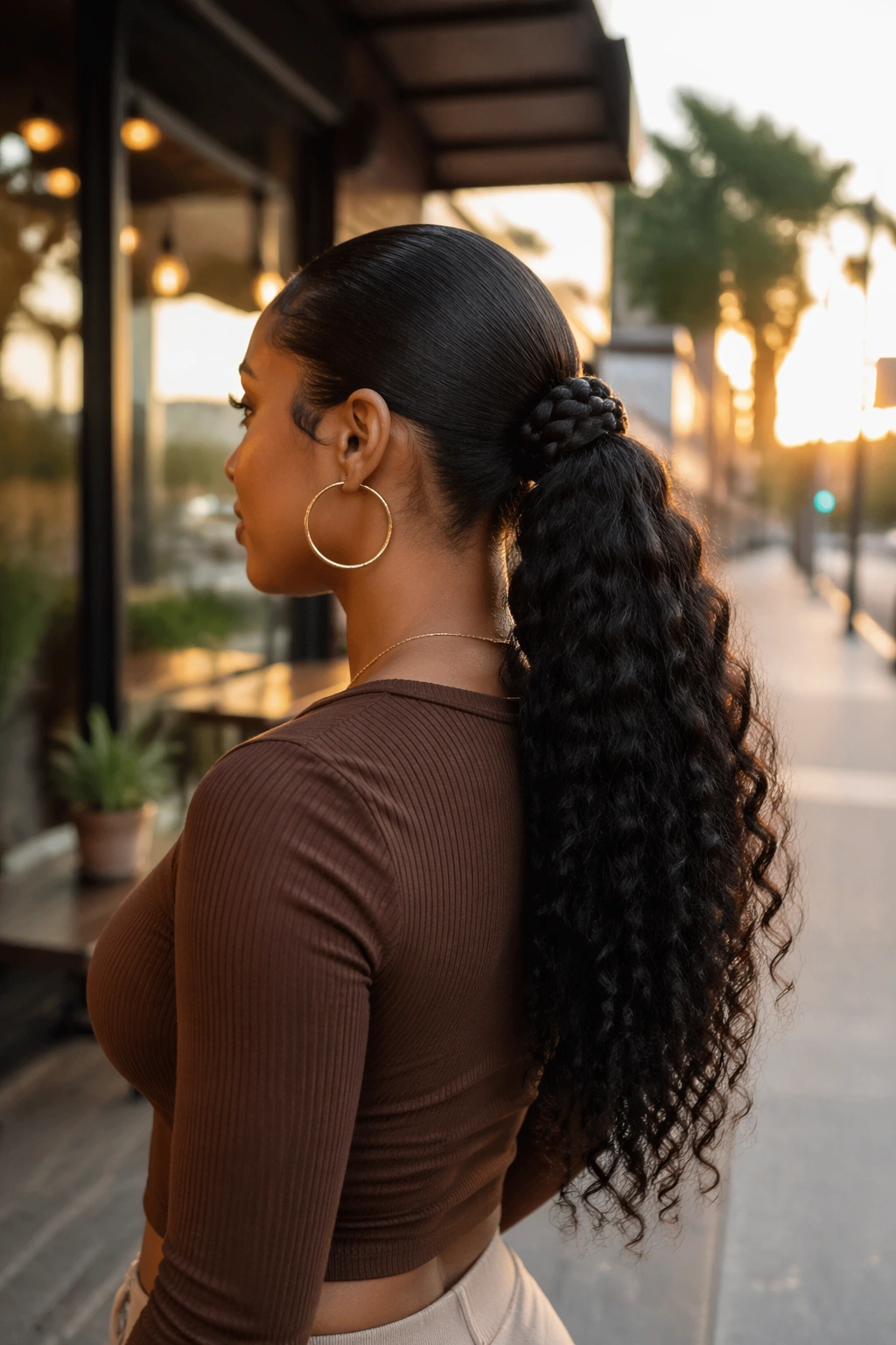 Wide shot of braided wrap mid ponytail on city street at golden hour.
