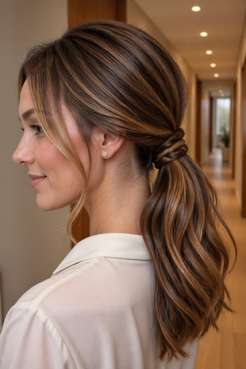 Close-up of a real woman with a wrapped braid around the base of a low ponytail