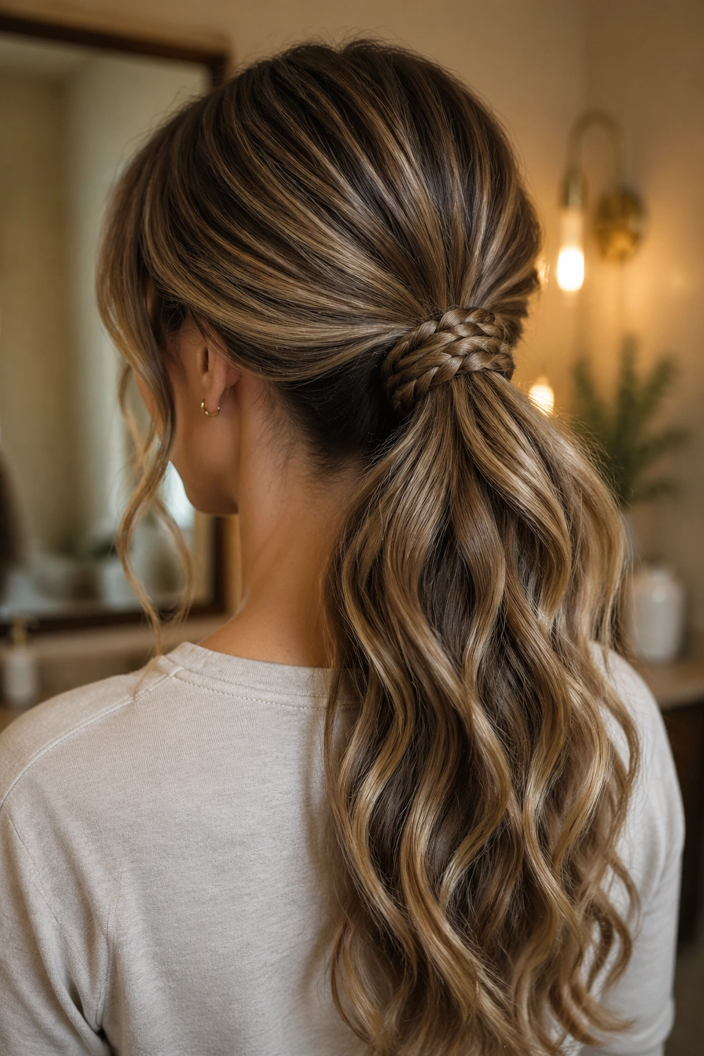Back-of-head view showing a braided wrap around a ponytail.