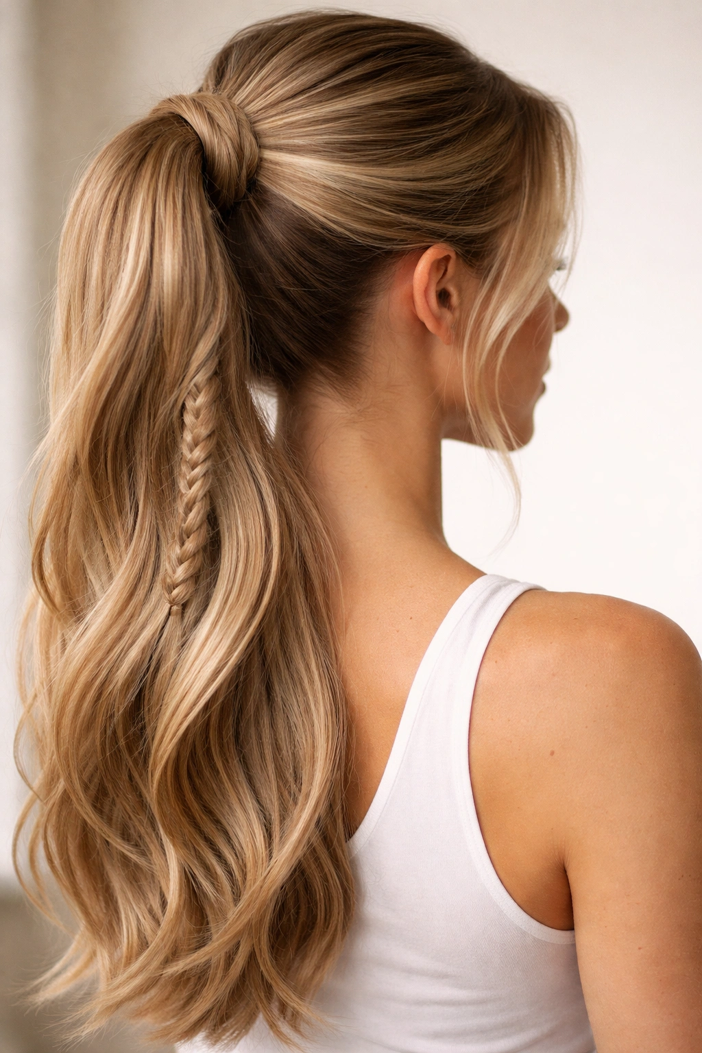 Wrapped braid around the base of a ponytail showing thicker root