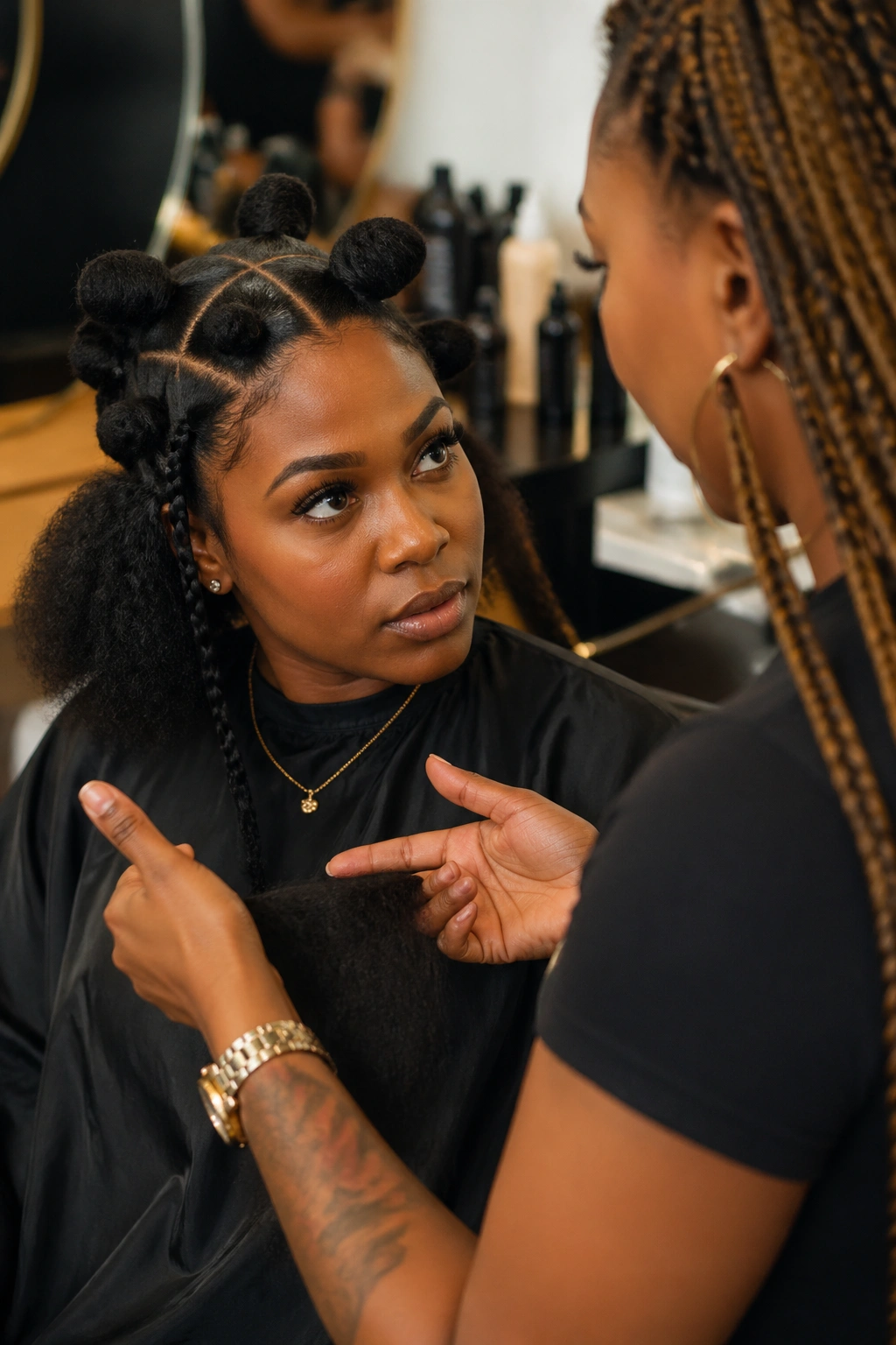 Client talking with braider in a salon about braid installation