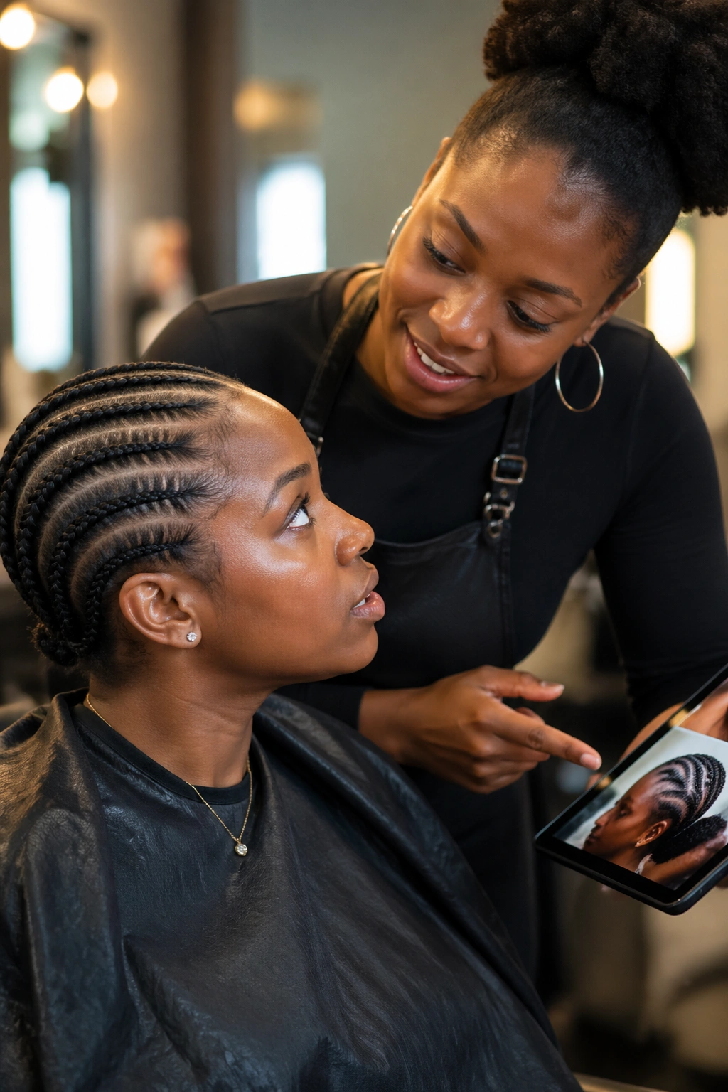 Close-up of client and braider in a salon during a hair consultation
