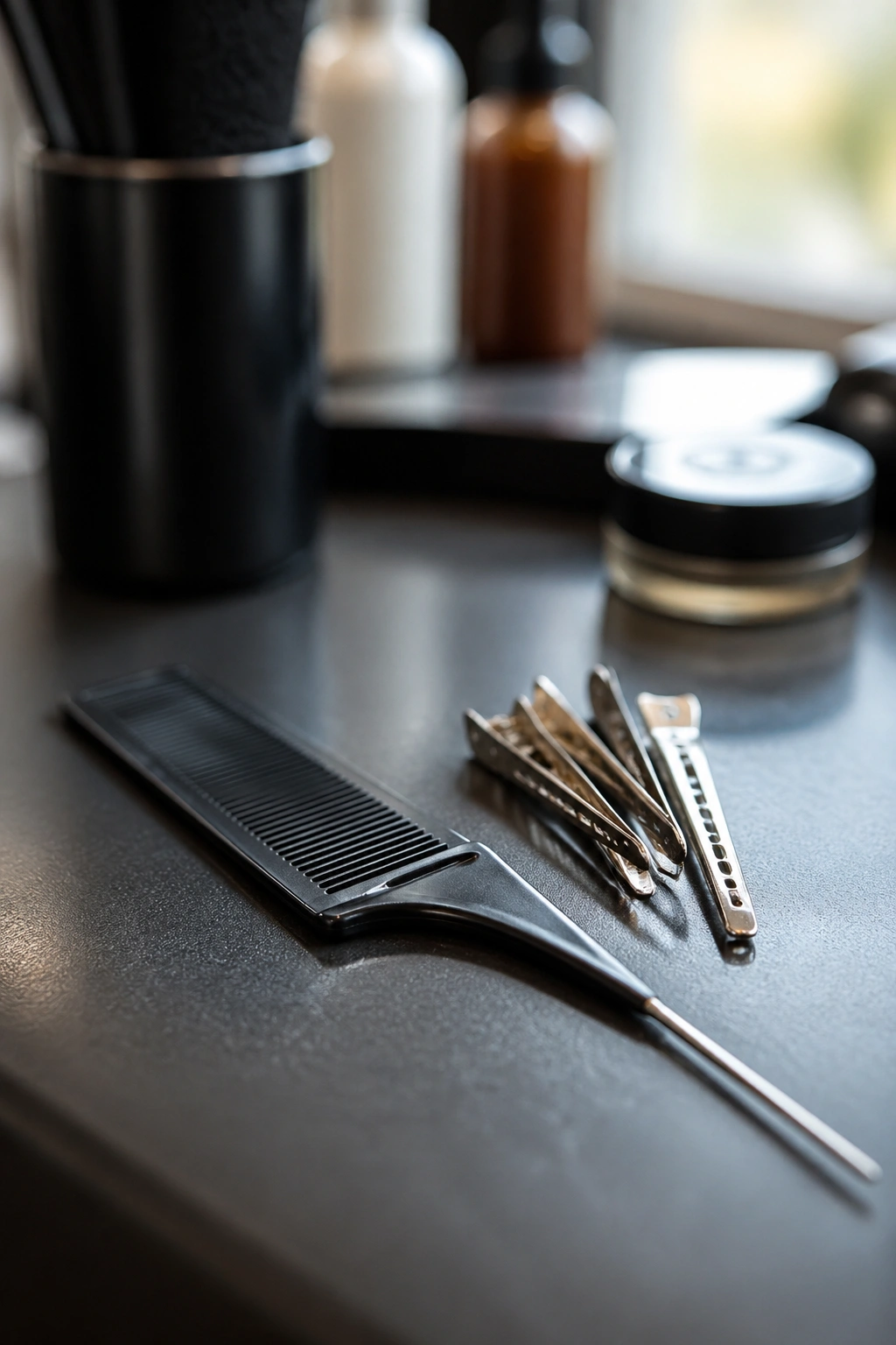 Close-up of braider tools on a salon counter