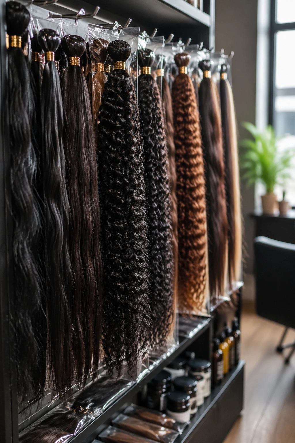 Braiding hair packs arranged on a salon shelf
