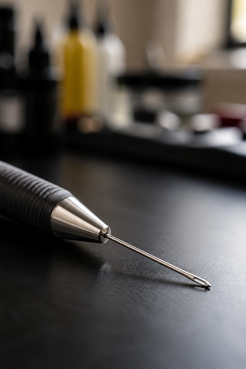 Extreme close-up of a braiding needle on a clean surface at a salon
