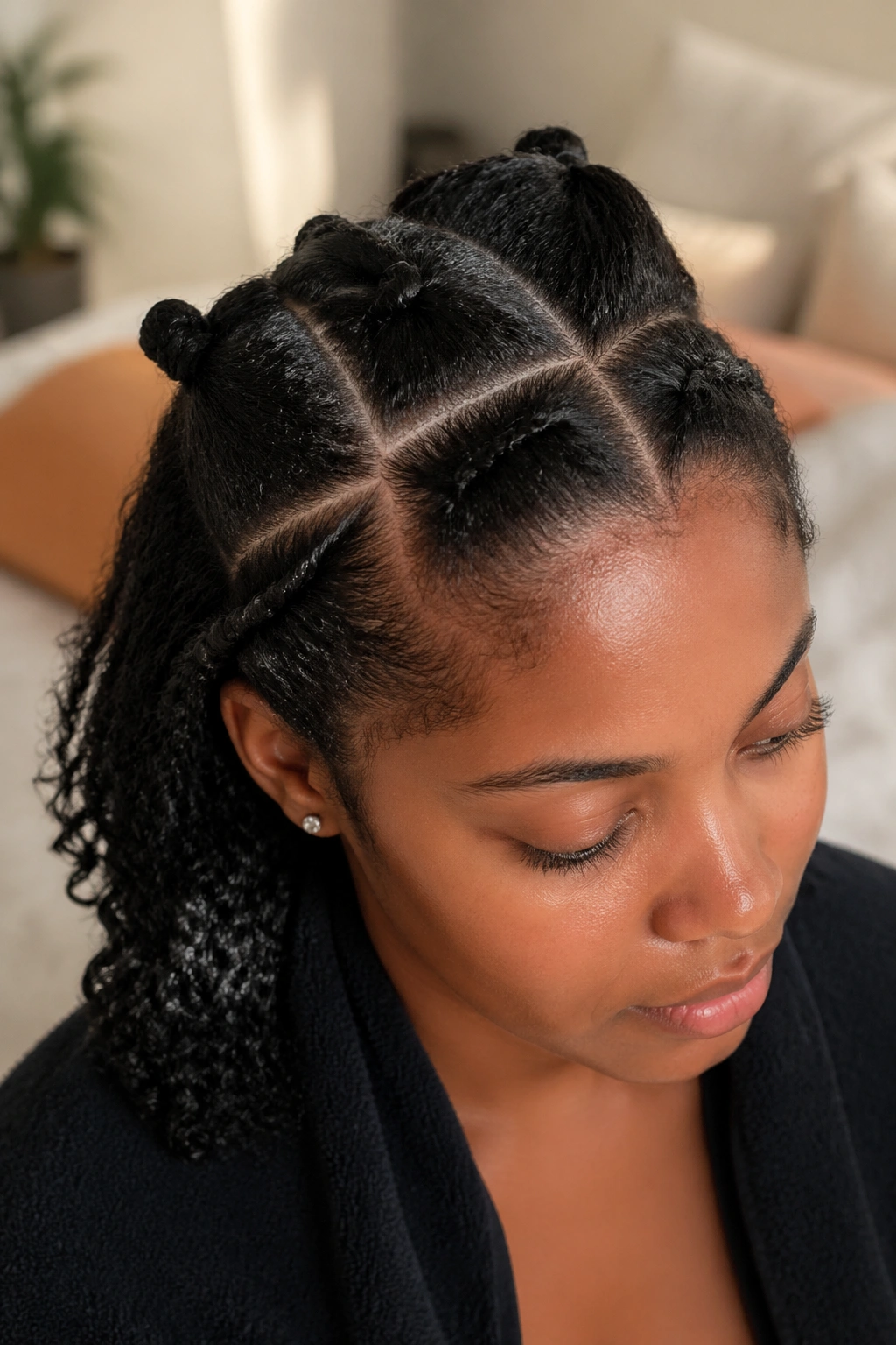 Close-up of prepared hair with sections ready for cornrows on real person