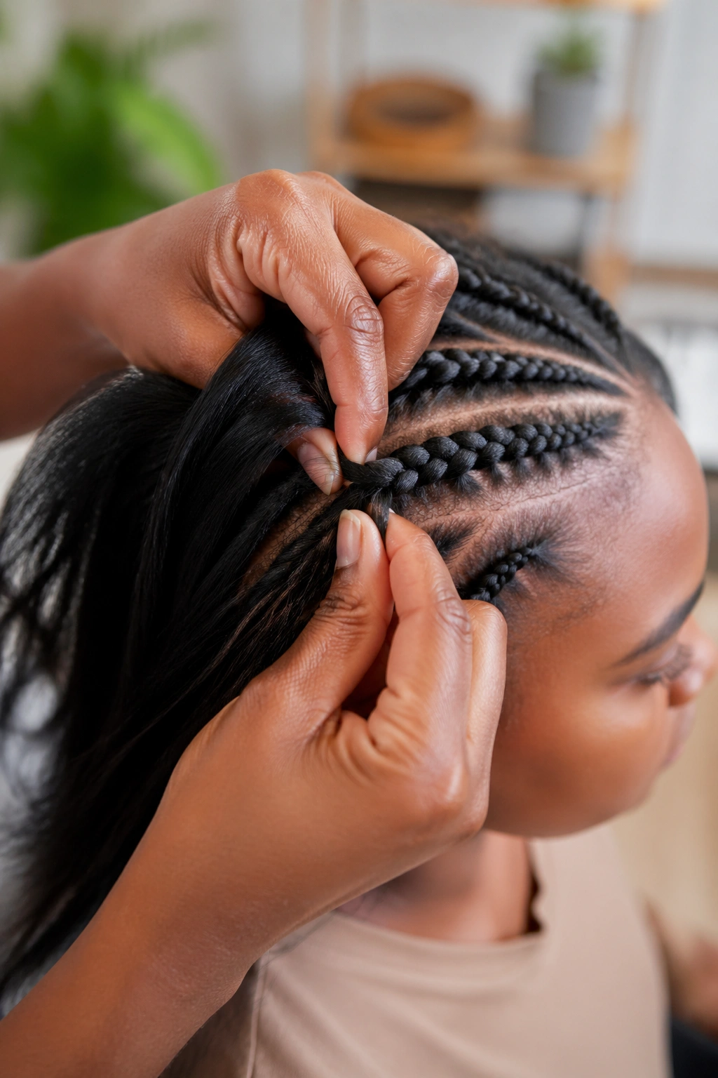 Close-up of hands braiding hair on a real person to show the core motion