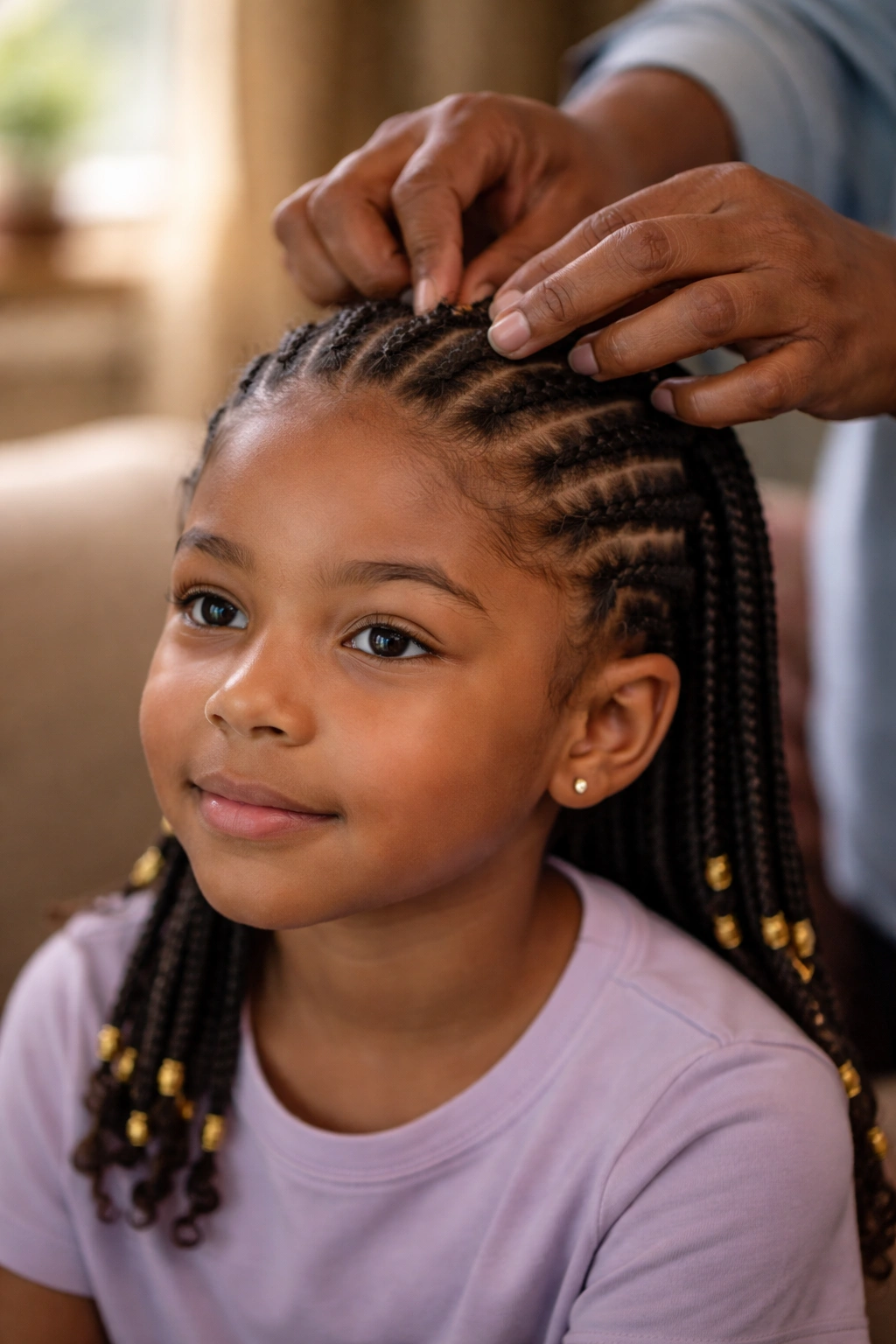Gently adjusted tension on a girl's cornrows by a caregiver