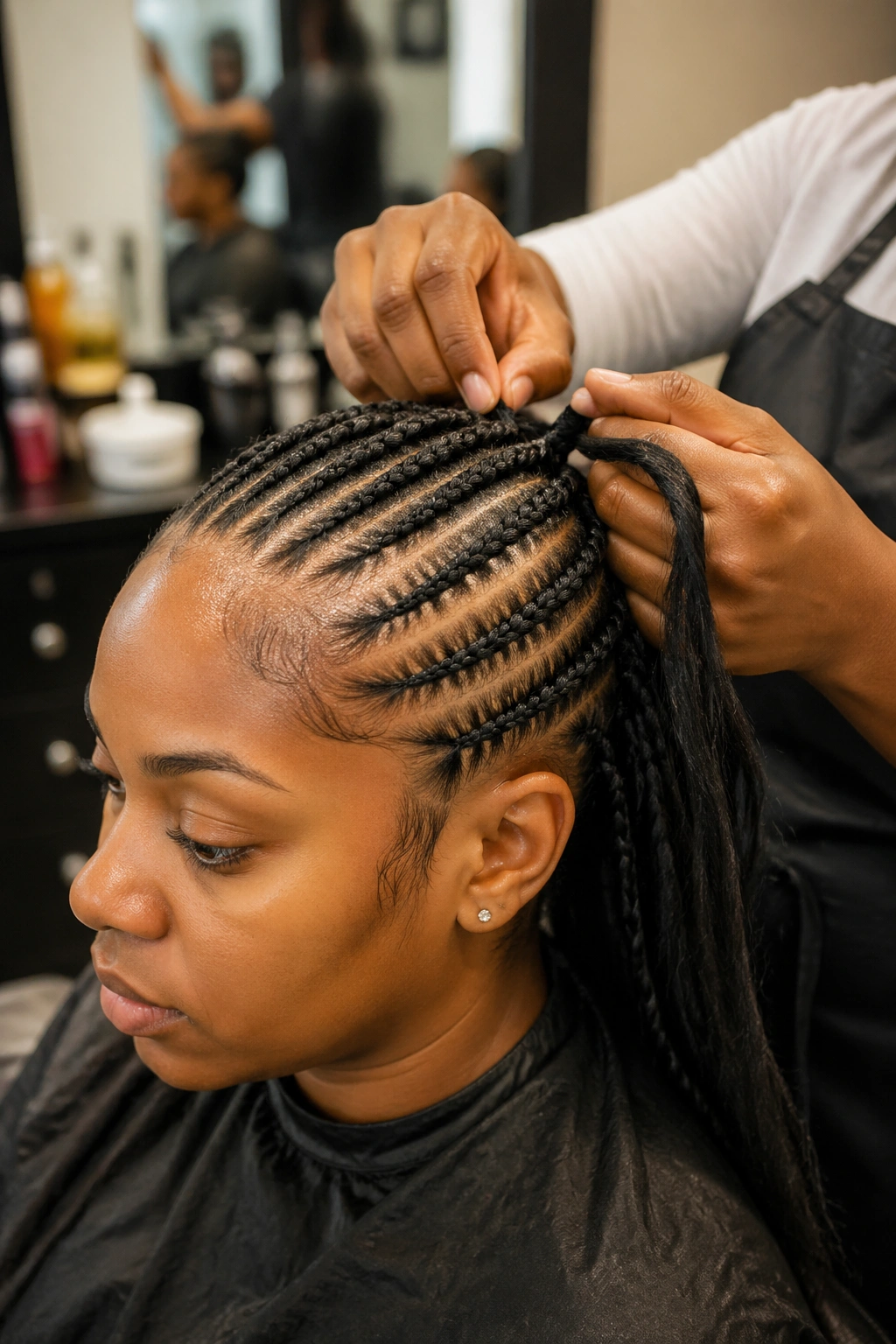Portrait of a woman during feed-in ponytail installation with braider’s hands at work.