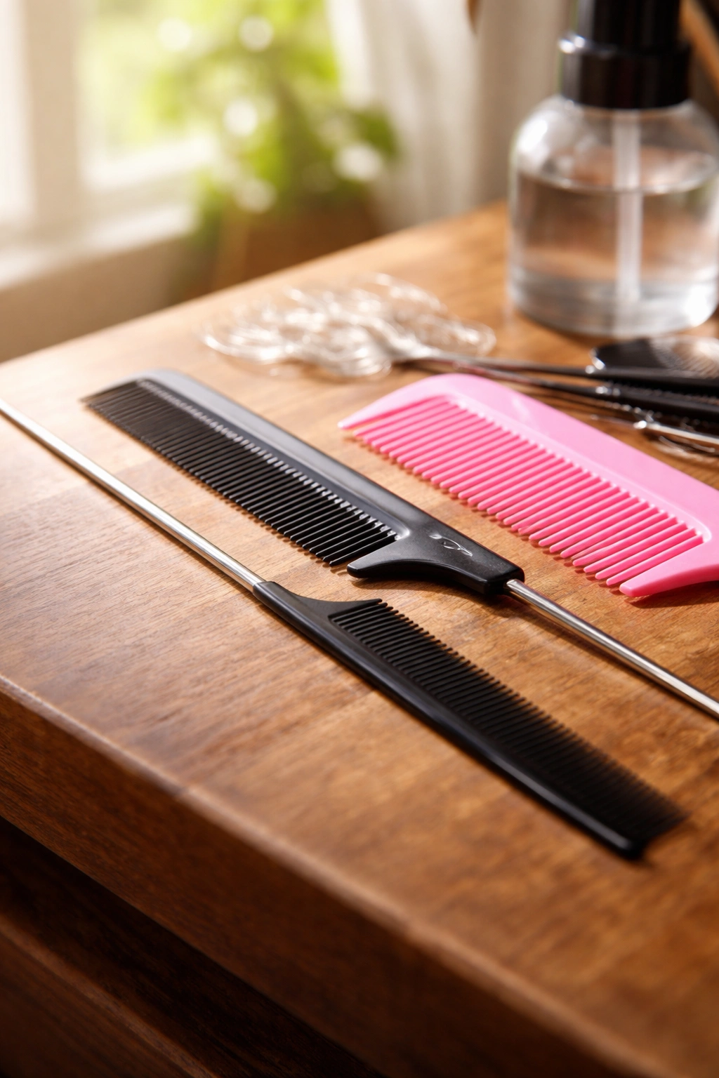 Close-up of hair braiding tools on wood surface
